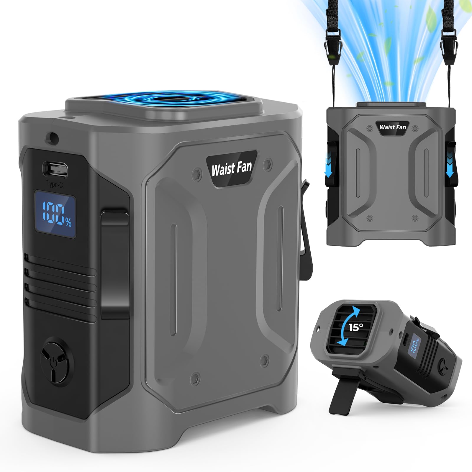 Portable Waist Fan Clip-On 10000Mah: Belt Neck Personal Fan Rechargeable 5 Speeds & Led Sos Light - Koospark