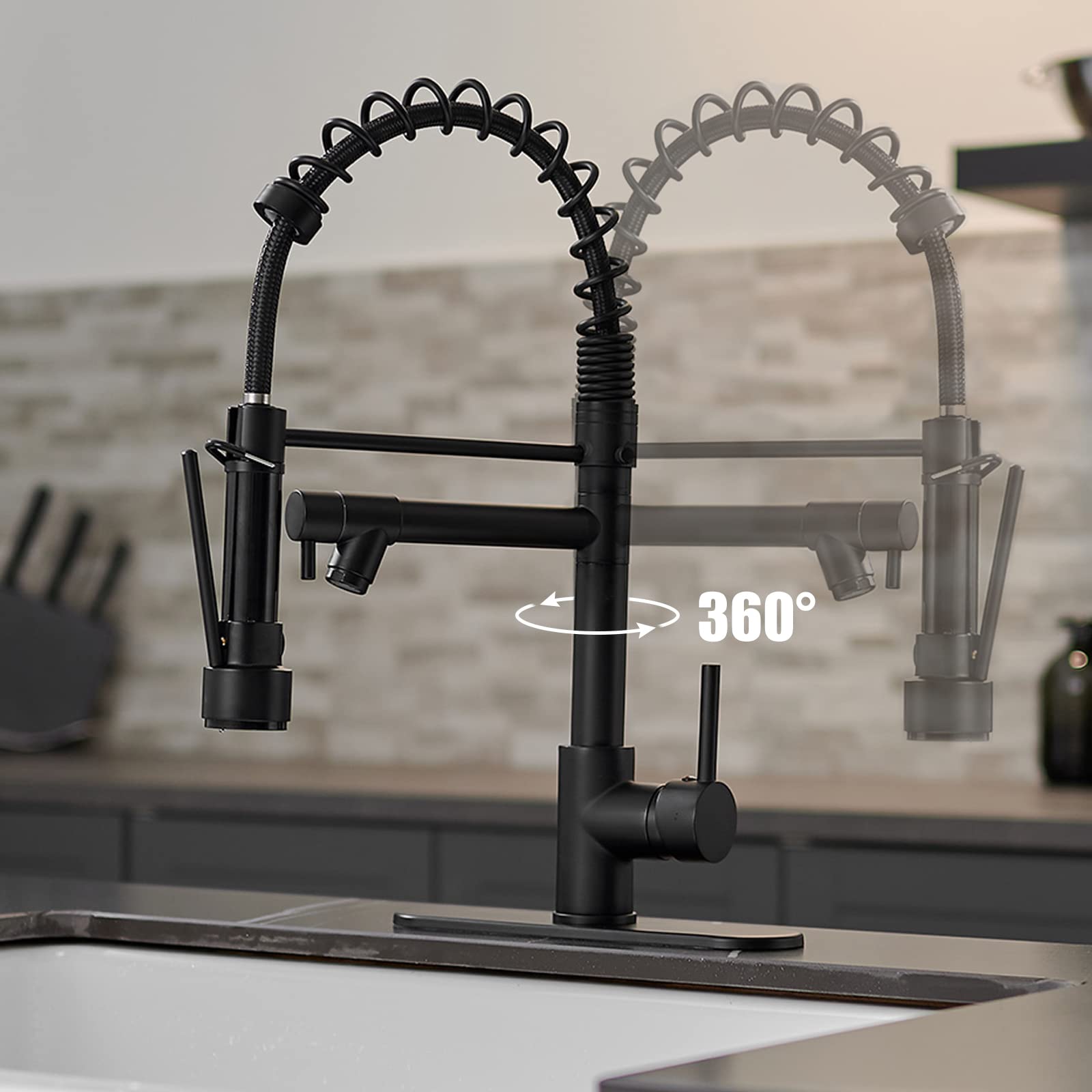 Greenspring Matte Black Kitchen Sink Faucet With Sprayer Commercial Single Handle High Arc Spring Kitchen Faucet With Cover Plate