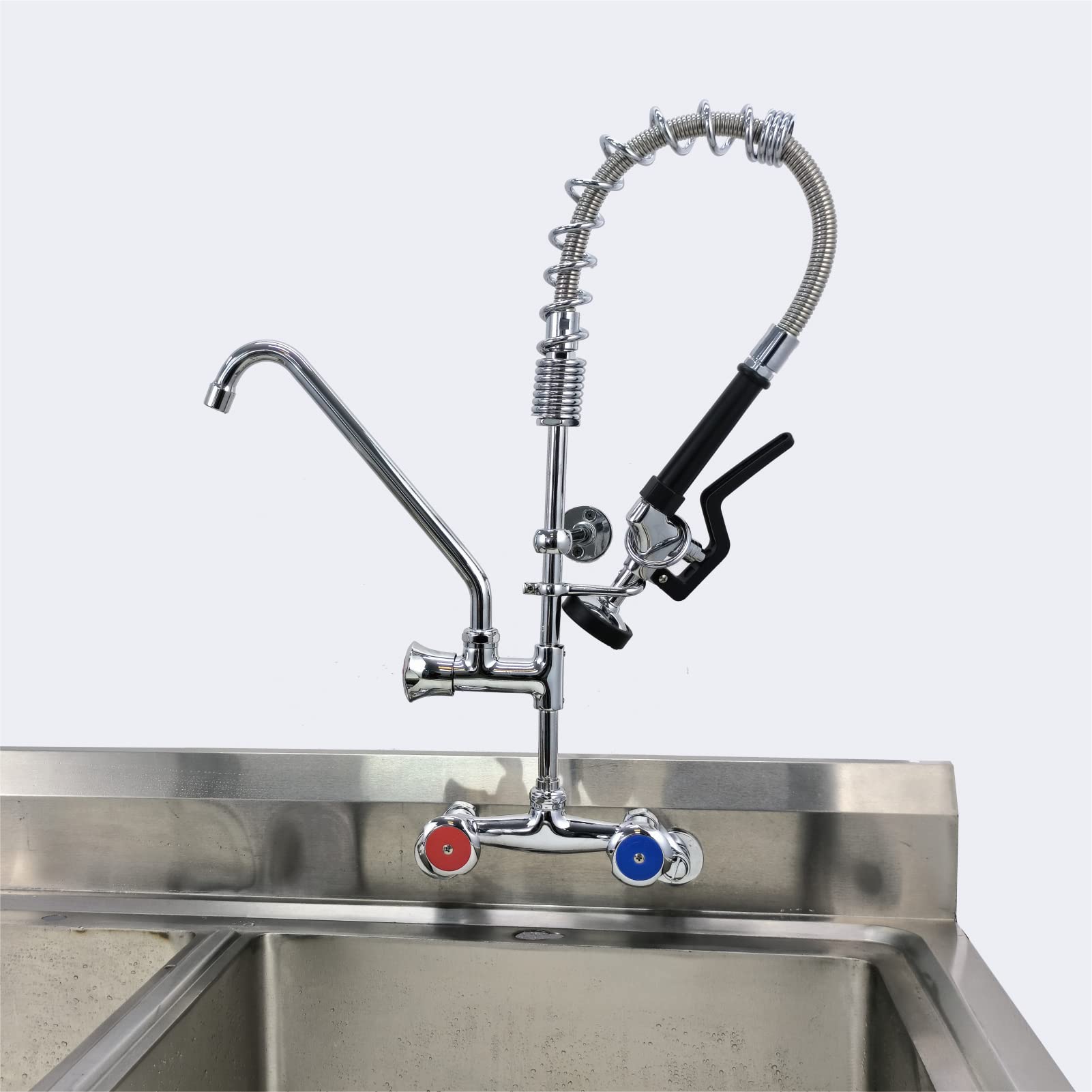 Ms Maxsen Wall Mount Commercial Kitchen Sink Faucet 4-8 Inch Adjustable Center Restaurant Kitchen Brass Mini Pre Rinse Unit,25'' Height With High Pressure Pull Down Spray And Add On Spout