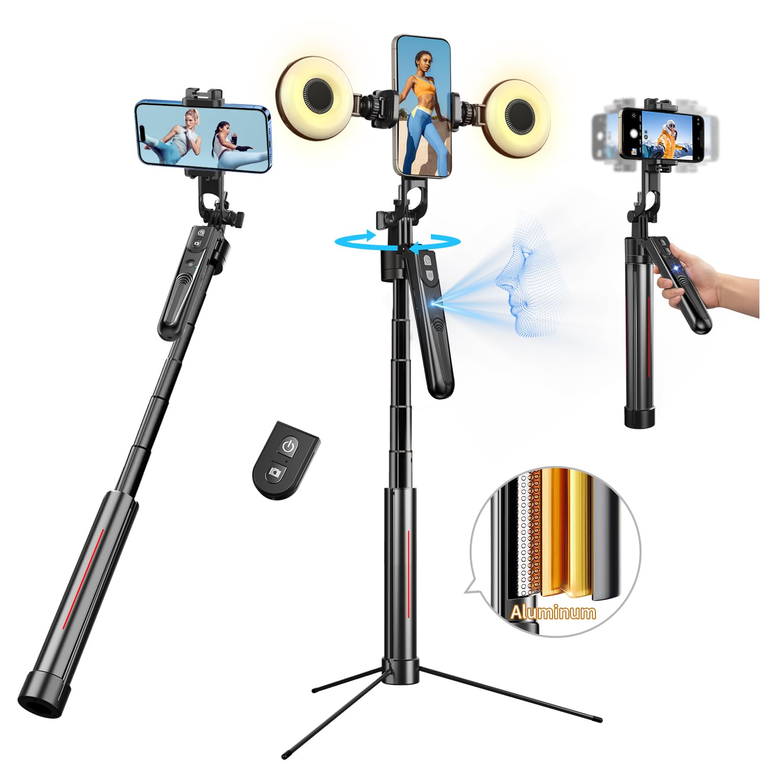 Stjiatu 72.8'' Auto Face Tracking Tripod 360 Rotation With Stand, 6 In 1 Selfie Stick Tripod With Fill Light, Tripod That Follows Your Movement, Content Creator Essentials, No App, For Video Recording, Tiktok