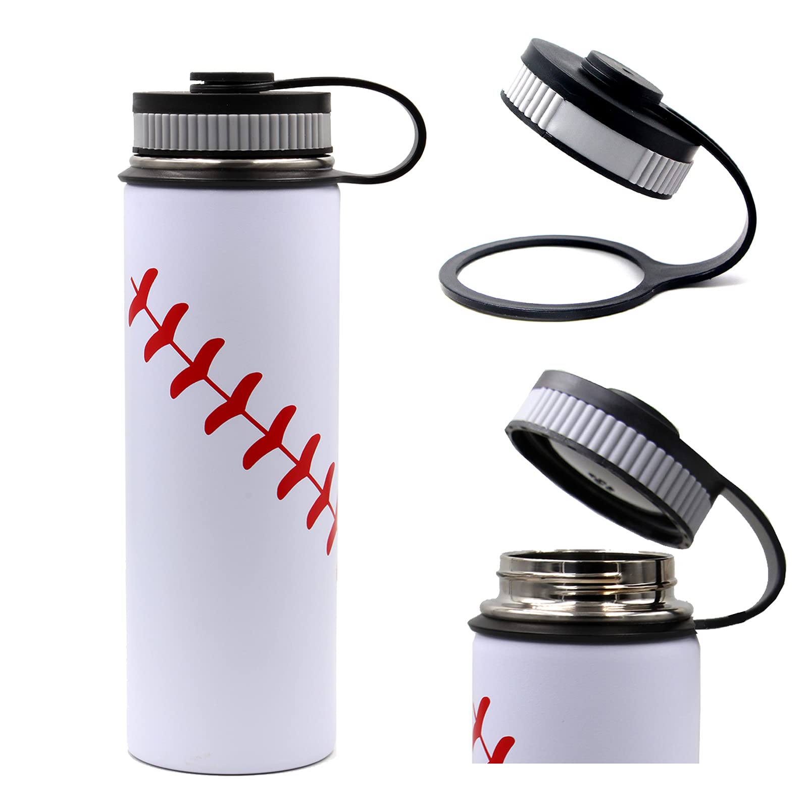 22 Oz Baseball Water Bottle, Flask Sports Metal Thermo Tumbler With 2 Lids, Stainless Steel Double