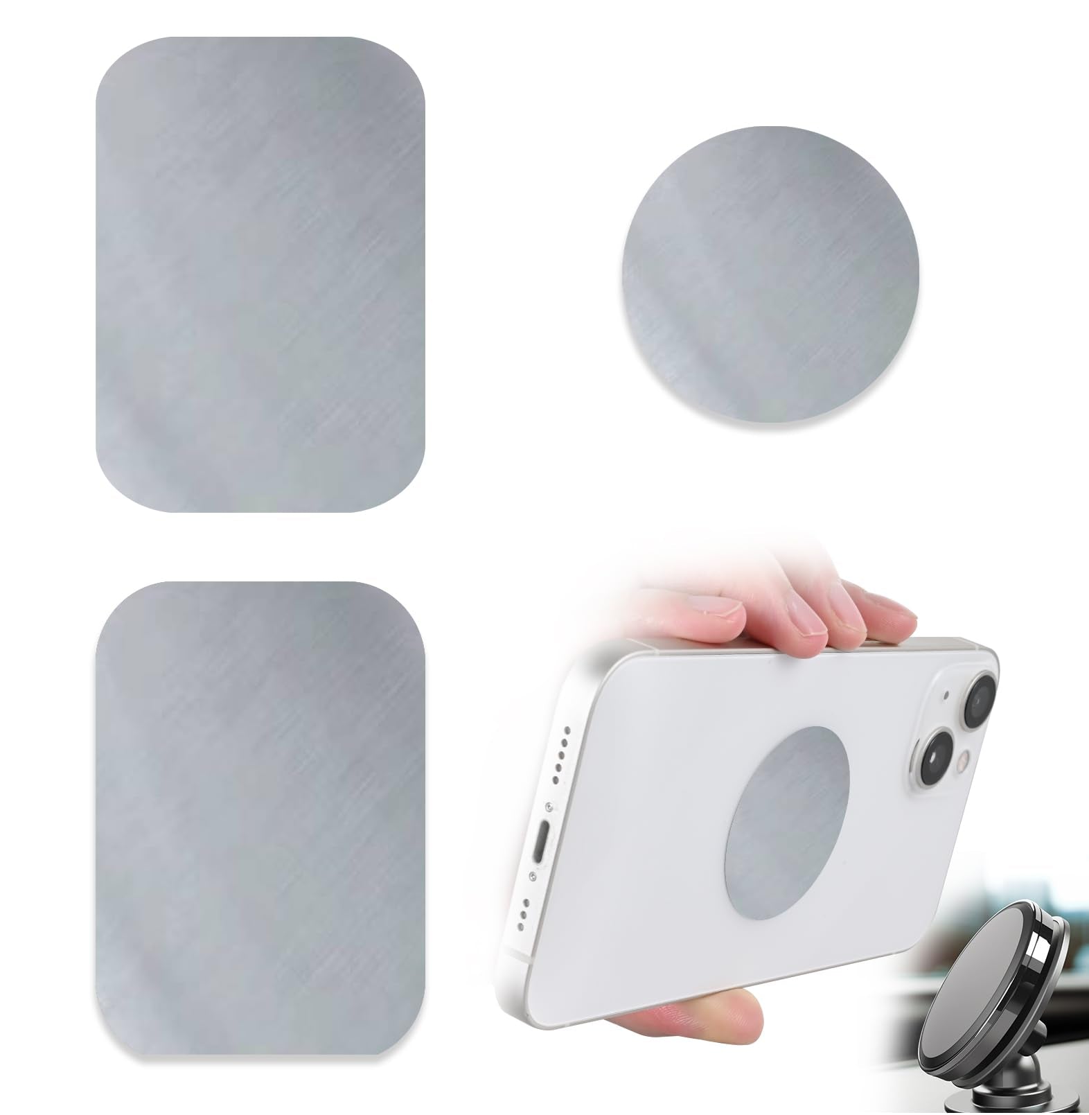 Zyaotwqz Phone Magnets - Universal Metal Plates, 2 Rectangular And 2 Round With Adhesive, Car Magnets (Silver)
