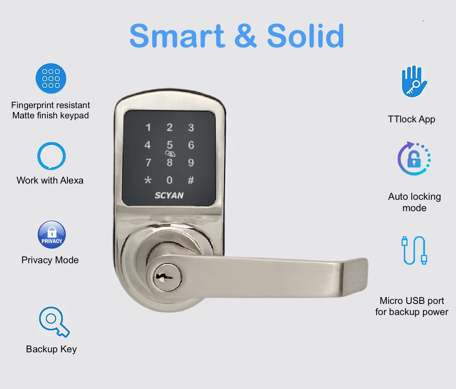 Scyan Smart Door Lock, Keyless Entry Door Lock, X2 Handle Lock With Touchscreen Keypad Access, Auto Locking, For Home, Airbnb Rental House, Satin Nickel