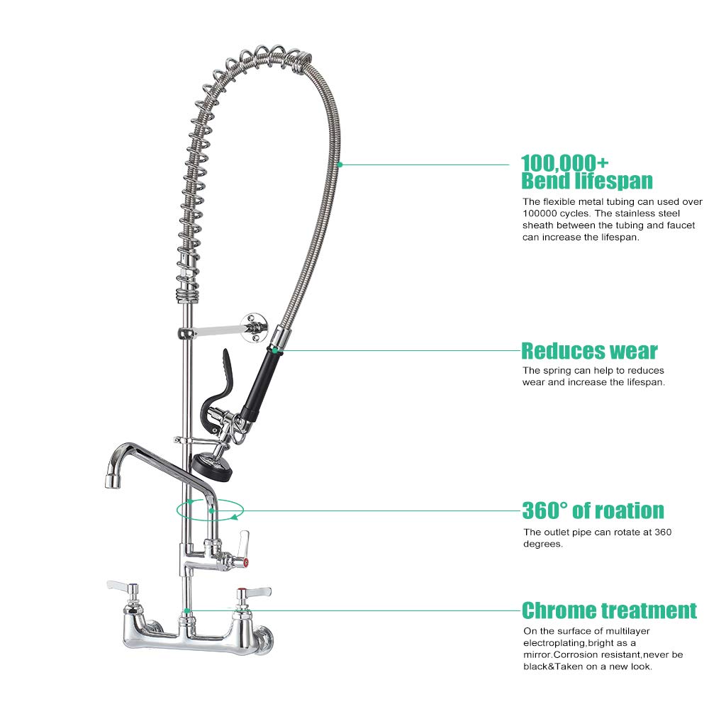 Cwm Commercial Sink Faucet With Sprayer-43 Inch Commercial Kitchen Faucet 8 Inches Center Wall Mount Pre Rinse Faucet With 12 Inches Add On Spout