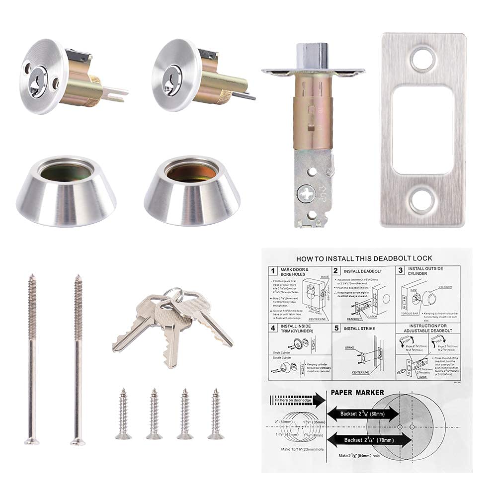 Rulart Double Keyed Deadbolt Lock - Keyed On Both Sides, 2-Way Adjustable Cylinder Deadbolt (Privacy/Passage), Satin Stainless Steel (Silver, Single Cylinder) (Silver, Double Side)