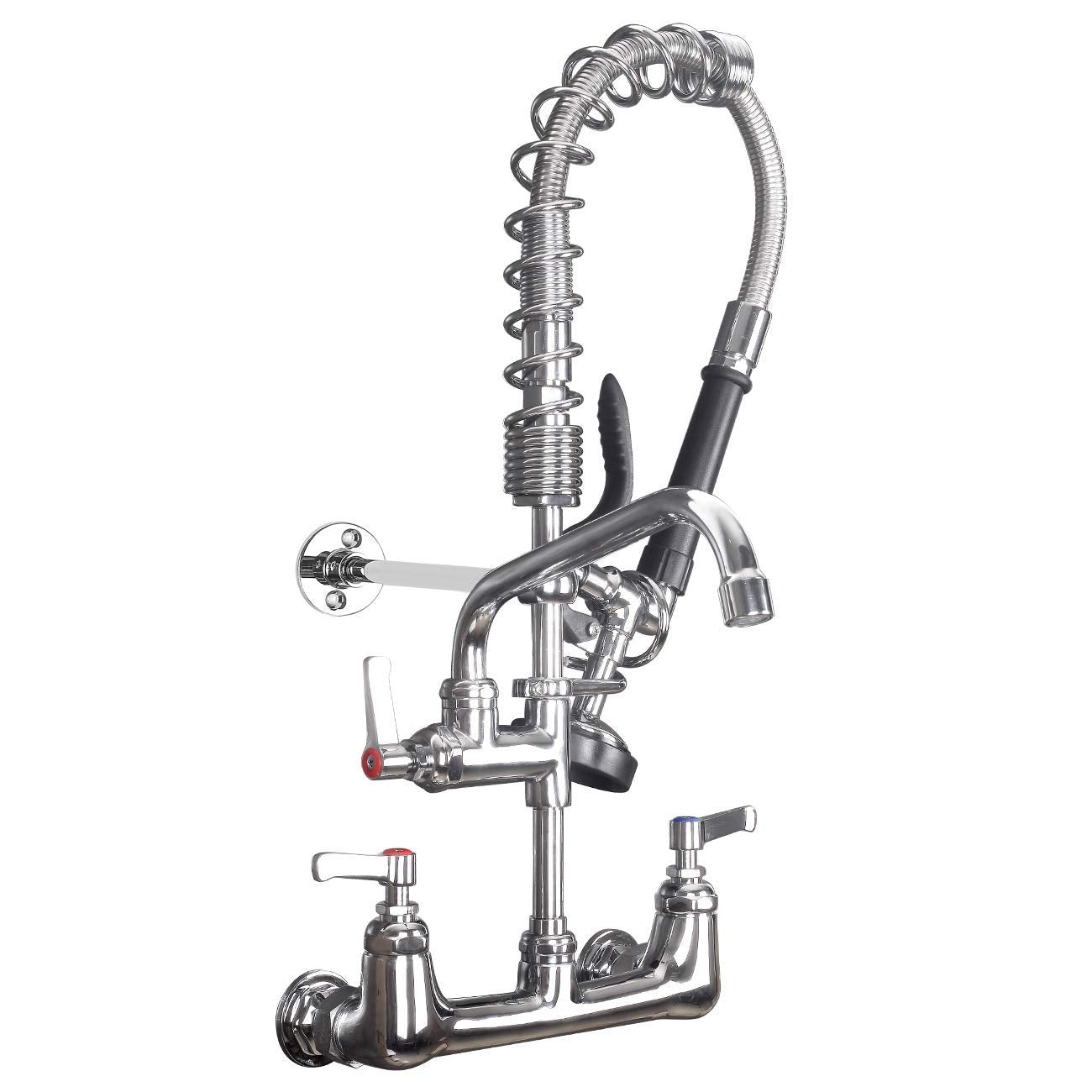 Mstjry Commercial Faucet With Sprayer 20" Height, 8" Center Commercial Faucet With 8" Spout Wall Mount Kitchen Sink Faucet Pre Rinse Faucet,For 1/2 Compartment Sink (Polished Chrome,Brass)