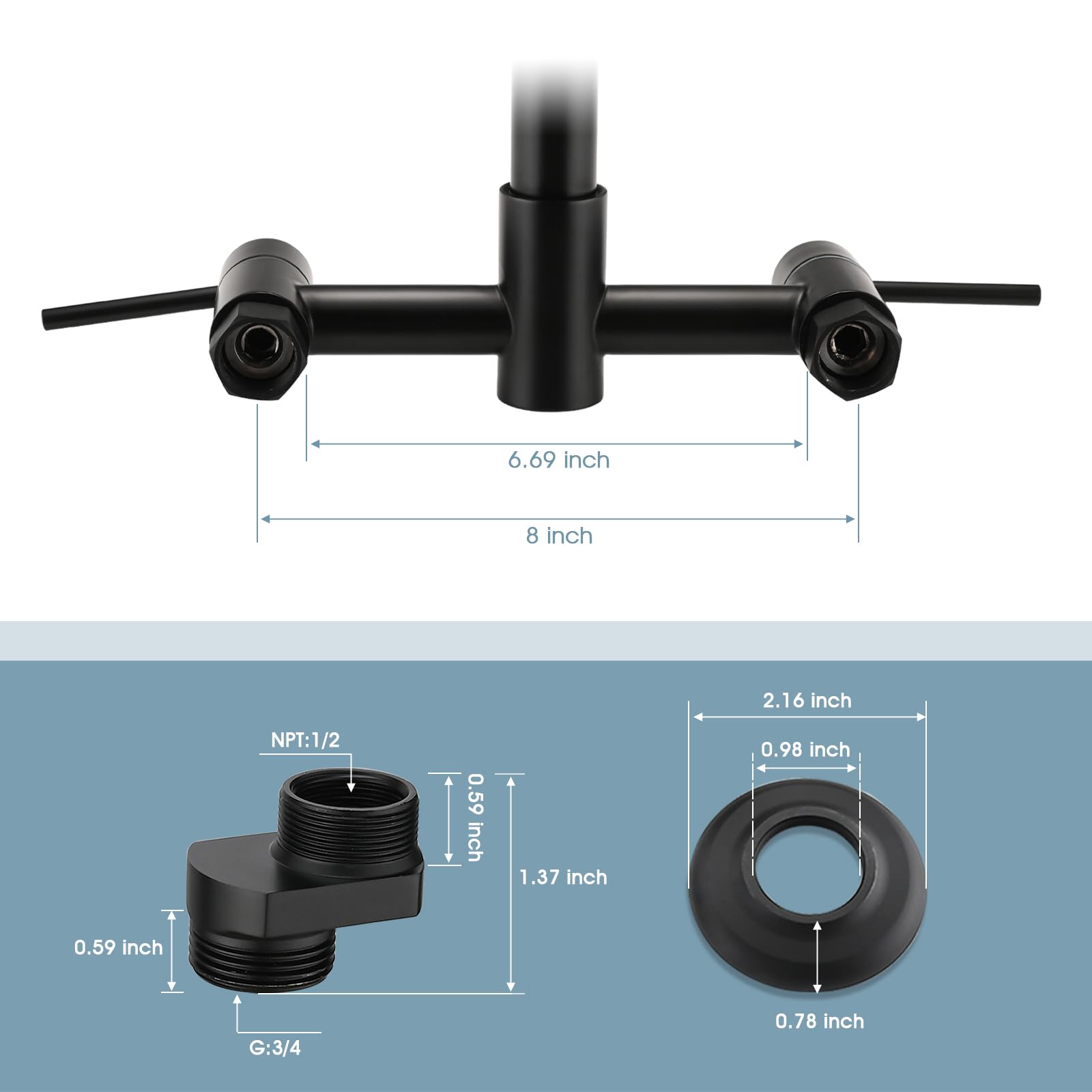 Demiinus Wall Mount Kitchen Faucet With Pull Down Sprayer, 8 Inch Center Kitchen Sink Faucet, Heavy-Duty Commercial Wall Mount Faucets, 2 Handle Faucet For Kitchen Sink, Matte Black