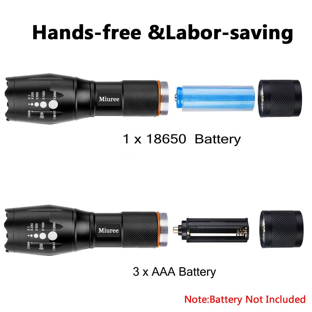 Miuree 2 Pack Tactical Led Flashlight Military Grade 2000 Lumens 5 Mode Zoomable Flashlights For Hurricane Emergency