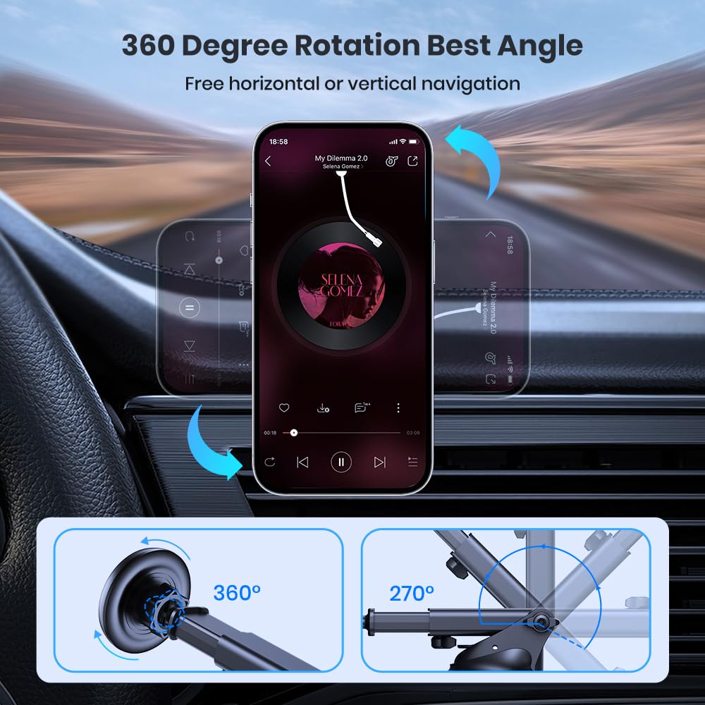 Topk Mag-Safe Car Phone Holder, Magnetic Phone Car Mount For Windshield And Dashboard, Strong Suction Adjustable Long Arm With Strongest Magnet, Car Cradle For Iphone 15/14/13/12 Series
