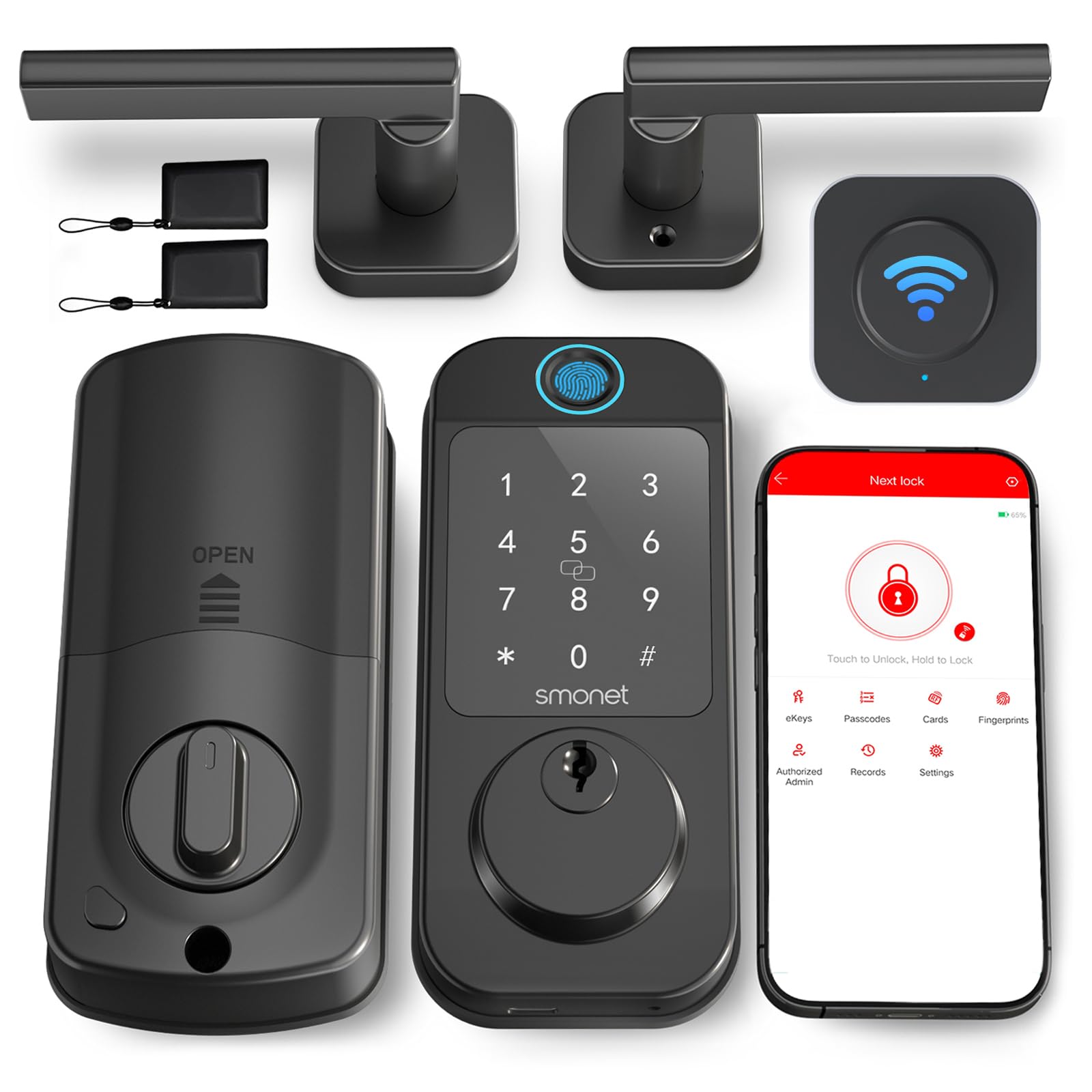 Smonet Keyless Door Lock With Handle Set - Wifi Fingerprint Smart Locks For Front Door, App Remote Control, Digital Bluetooth Keypad Deadbolt Set With Alexa, Auto Lock, Code, Fobs For Home Black