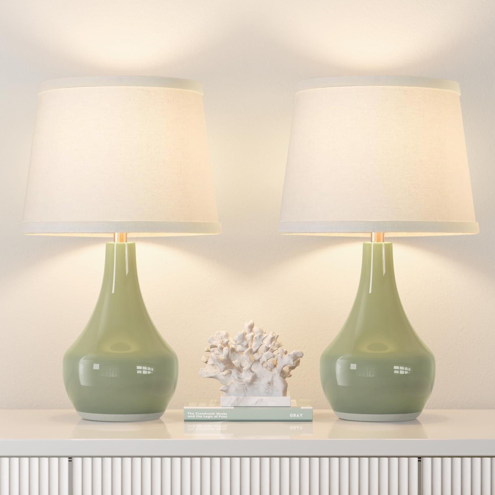 Seealle Modern Green Table Lamps Set Of 2 - Bedside Lamps For Night Stands, 19.4" Bedroom Lamp For Living Room Sage Green Lamps With Rocker Swtich
