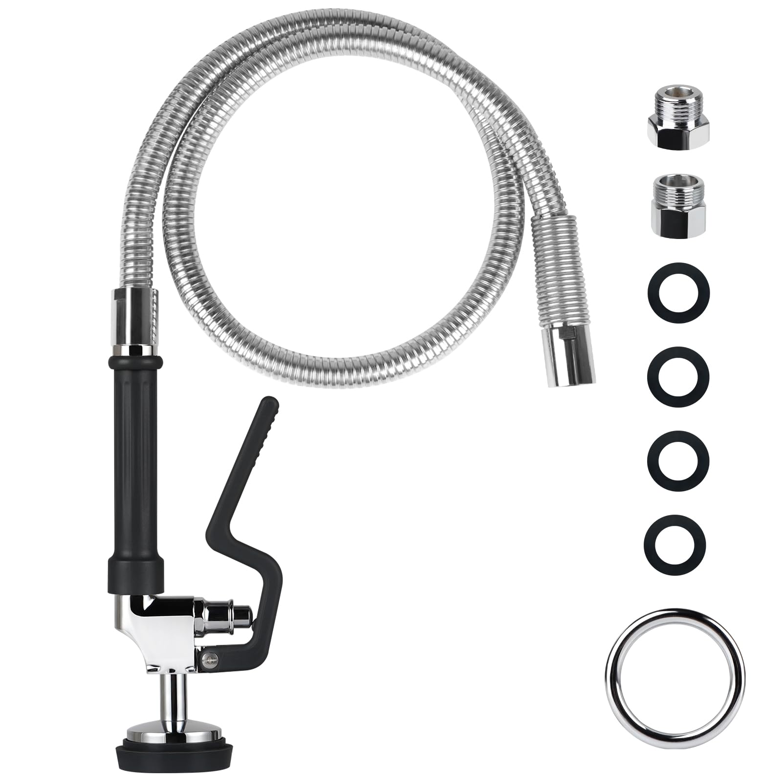 Kanoney Spray Valve With 44" Pre Rinse Hose, Flexible Stainless Hose 1.42 Gpm Commercial Sink Dish Sprayer Head With Ergonomic Handle Replacement Kits For Wall Mount Kitchen Restaurant Faucet, Black