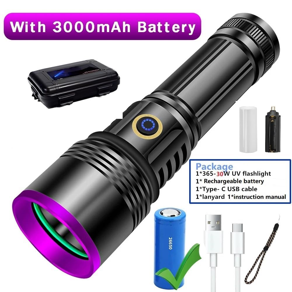 Luxnovaq 30W 365Nm Uv Flashlight Usb Rechargeable Uv Light High Power Black Light Flashlight For Pet Urine Detection, Resin Curing, Minerals, Blood Tracking, Scorpion, Rockhounding,Yooperlites,A/C Leak Detect