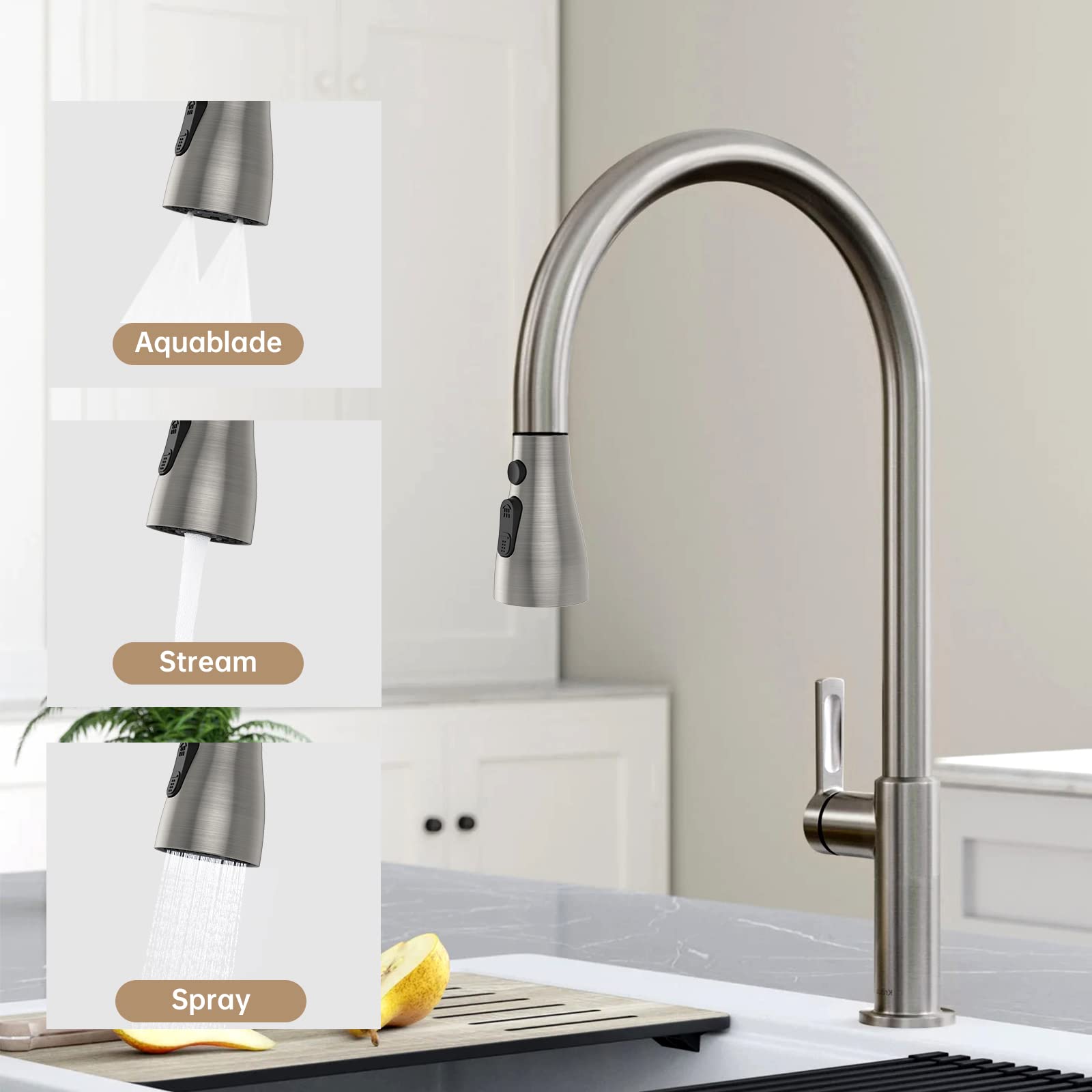 Laosep Pull Down Kitchen Faucet Head Replacement For Kitchen Faucet, 3-Modes & 7 Adapters Brushed Nickel Finished