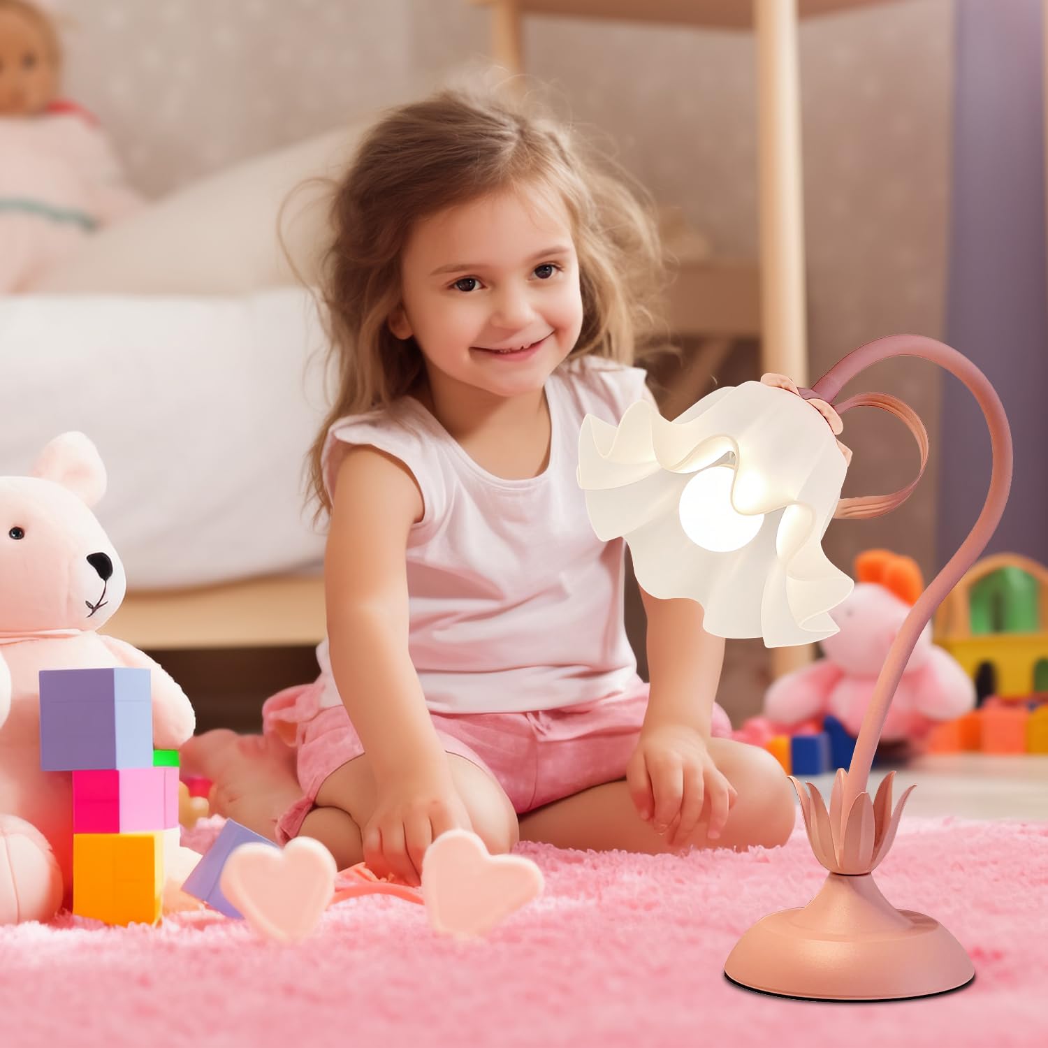 Werfop Vintage Flower Table Lamp, 3 Colors Modes Gooseneck Desk Lamp Cute Reading Lamp With E26 Bulb Pink Lamp For Girl Living Room Office Reading Home Decoration(Pink)
