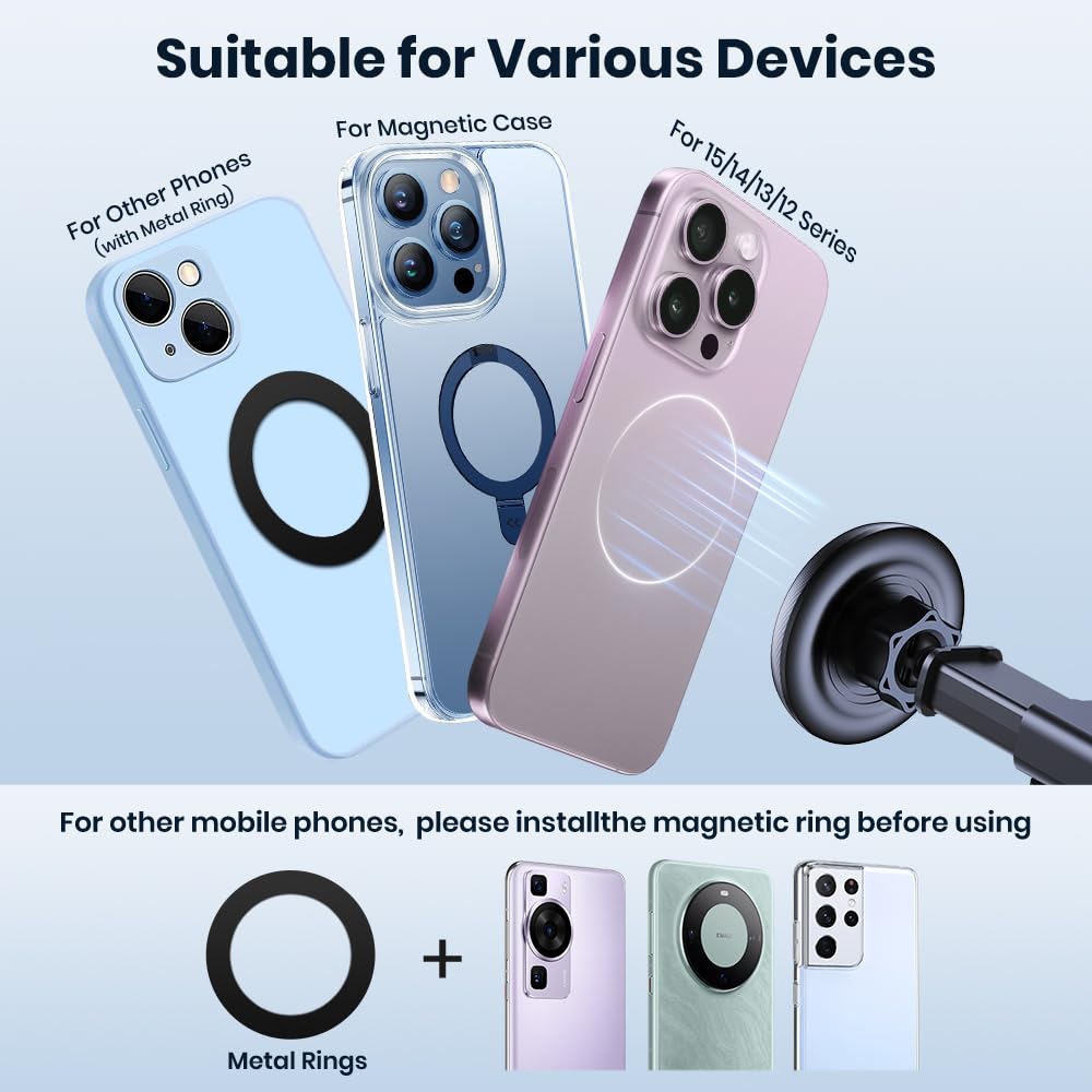 Topk Mag-Safe Car Phone Holder, Magnetic Phone Car Mount For Windshield And Dashboard, Strong Suction Adjustable Long Arm With Strongest Magnet, Car Cradle For Iphone 15/14/13/12 Series