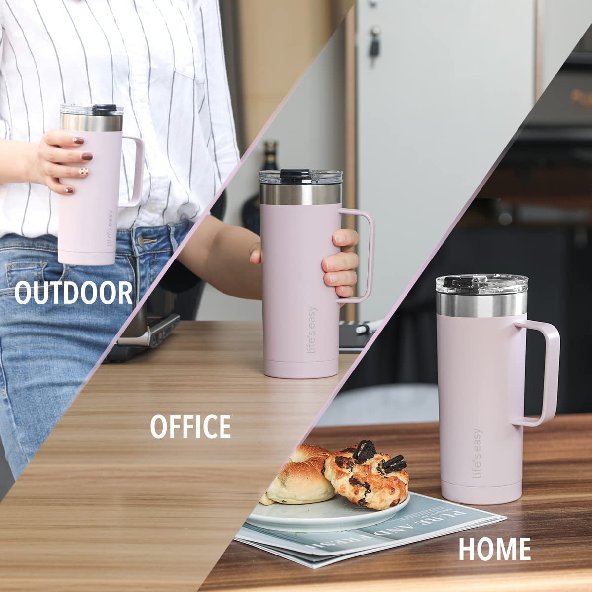 Life'S Easy 20Oz Stainless Steel Mug W/Handle - Double Wall Insulated Travel Tumbler W/Flip Lid
