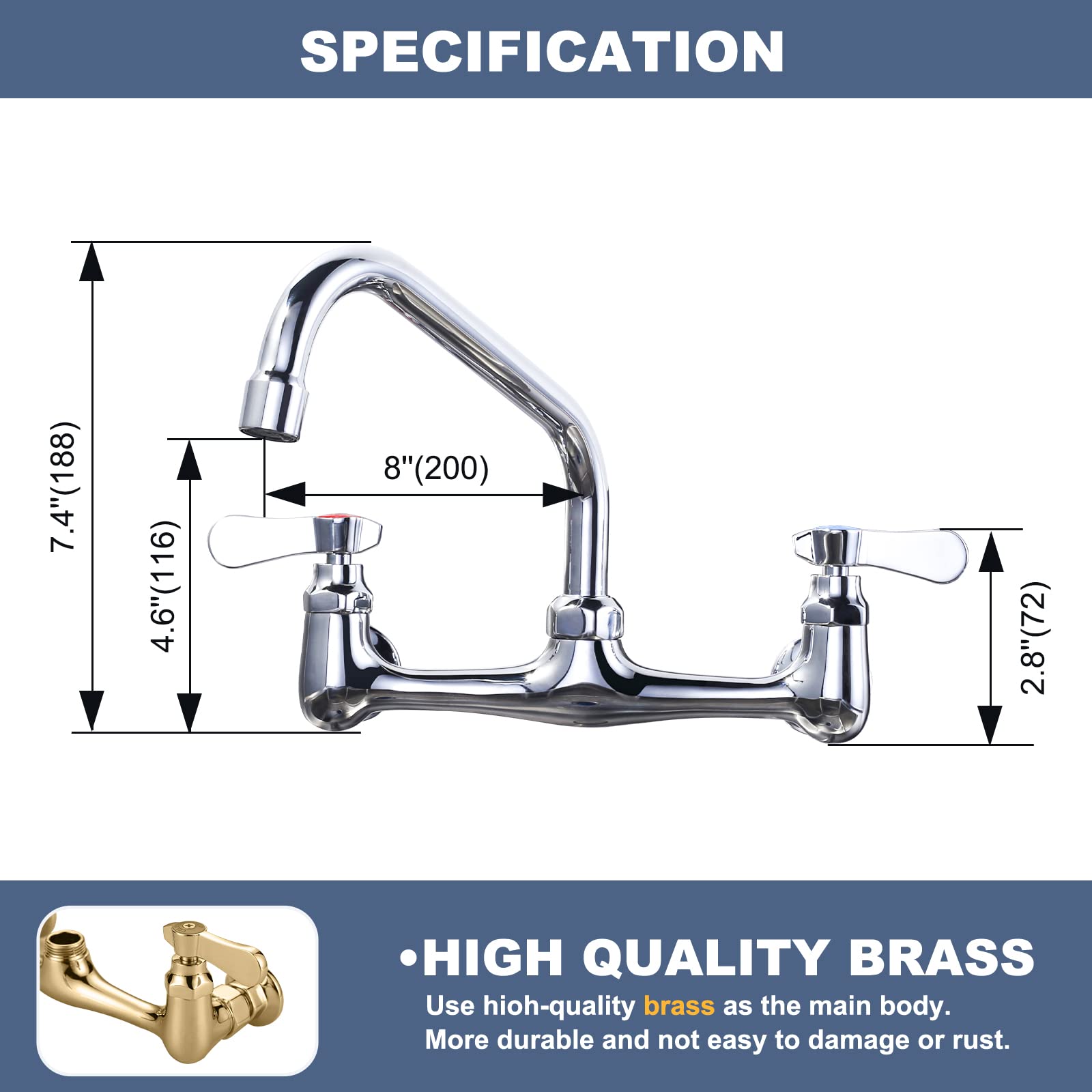 Iviga Commercial Sink Faucet With 8” Swivel Spout, 8" Center Wall Mount Kitchen Faucet, Dual Handles Brass Utility Sink Faucet For Laundry Room Restaurant Compartment Sink, Polish Chrome