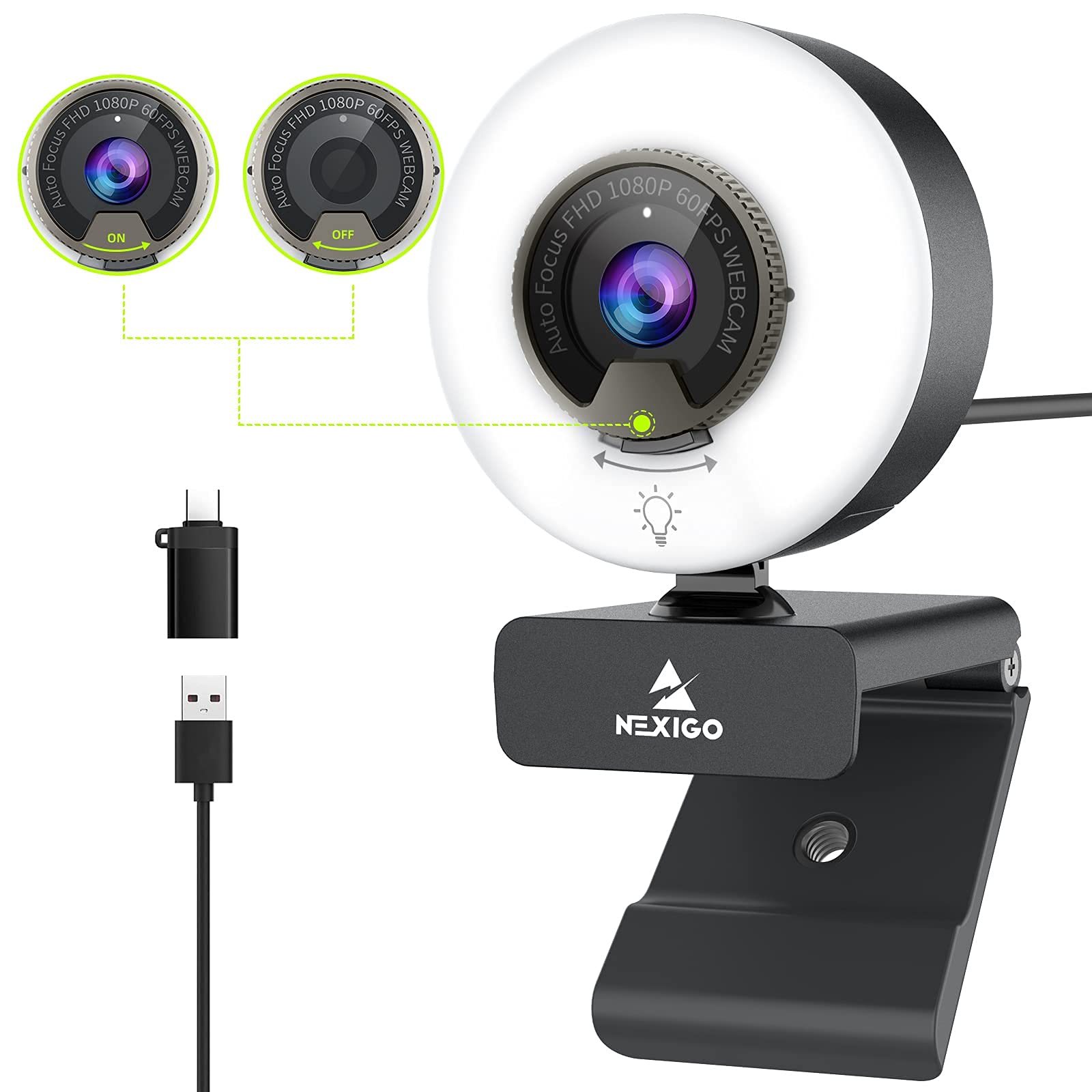 Nexigo 60Fps 1080P Autofocus Webcam With Mini Tripod Kits, N960E Usb Fhd Web Computer Camera, Extendable Tripod Stand, For Zoom/Skype/Teams Online Teaching, Laptop Mac Pc Desktop