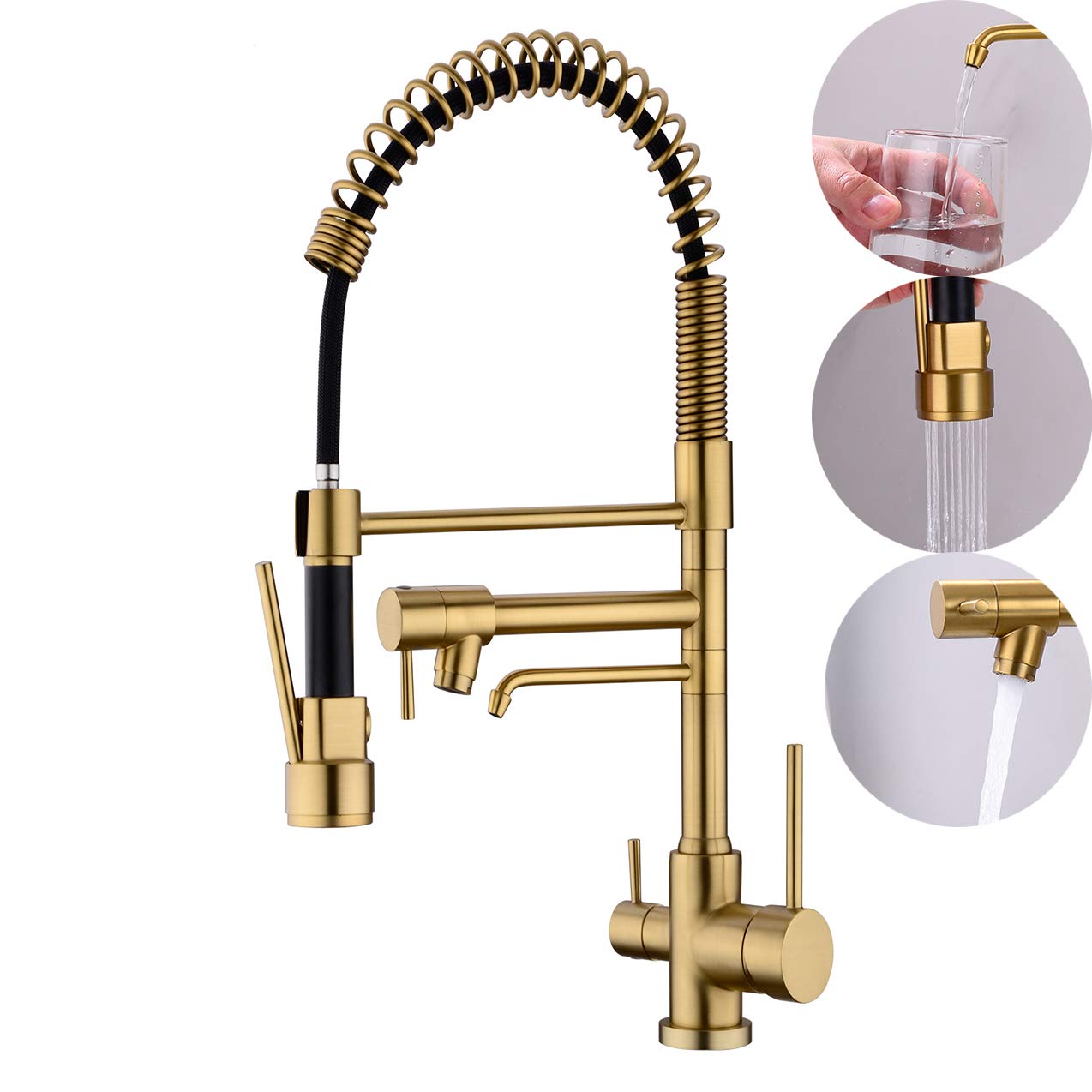 Delle Rosa Kitchen Faucet, 3 Way Drinking Water Faucet, 3 In 1 Water Purifier Faucets, High Arc And Dual Handles Commercial Kitchen Faucet Brushed Brass