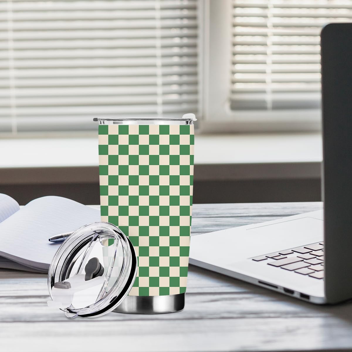 Vintage Green Checkered Tumbler Plaid Coffee Mug Insulated Stainless Steel Thermal Cup With Lid