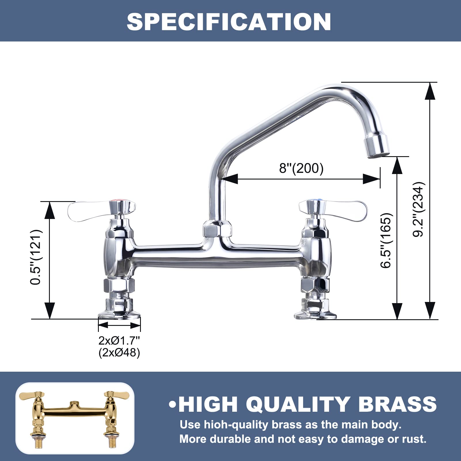 Iviga Commercial Sink Faucet With 8” Swivel Spout & Supply Lines, 8" Center Deck Mount Kitchen Faucet, Dual Handles Brass Utility Sink Faucet For Laundry Room Restaurant Compartment Sink, Polish