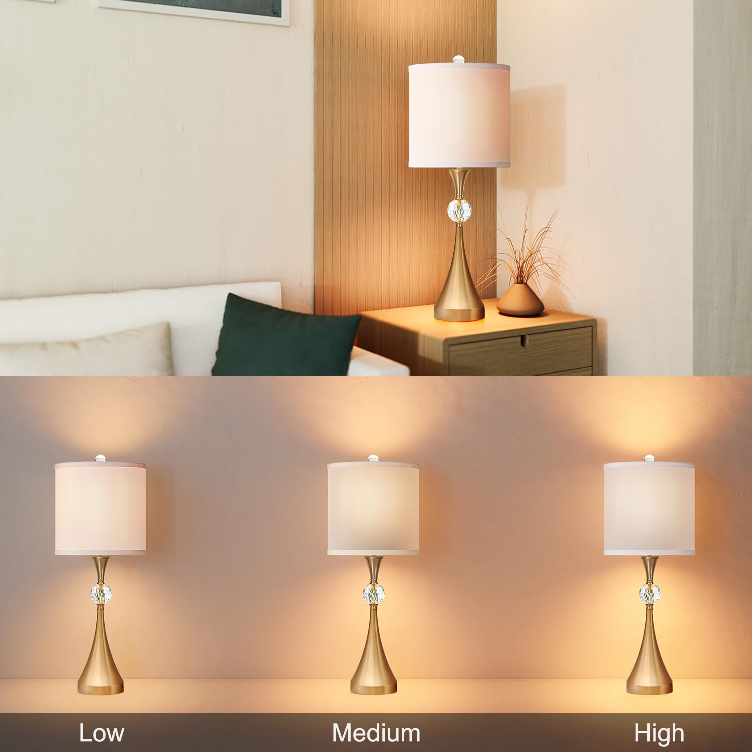 Lampworks 26'' Tall Table Lamp For Living Room Set Of 2, Bedside Table Lamp With 2 Usb Ports For Bedroom, 3-Way Dimmable Nightstand Lamps For End Table, Hallway, Entryway, Dining Room