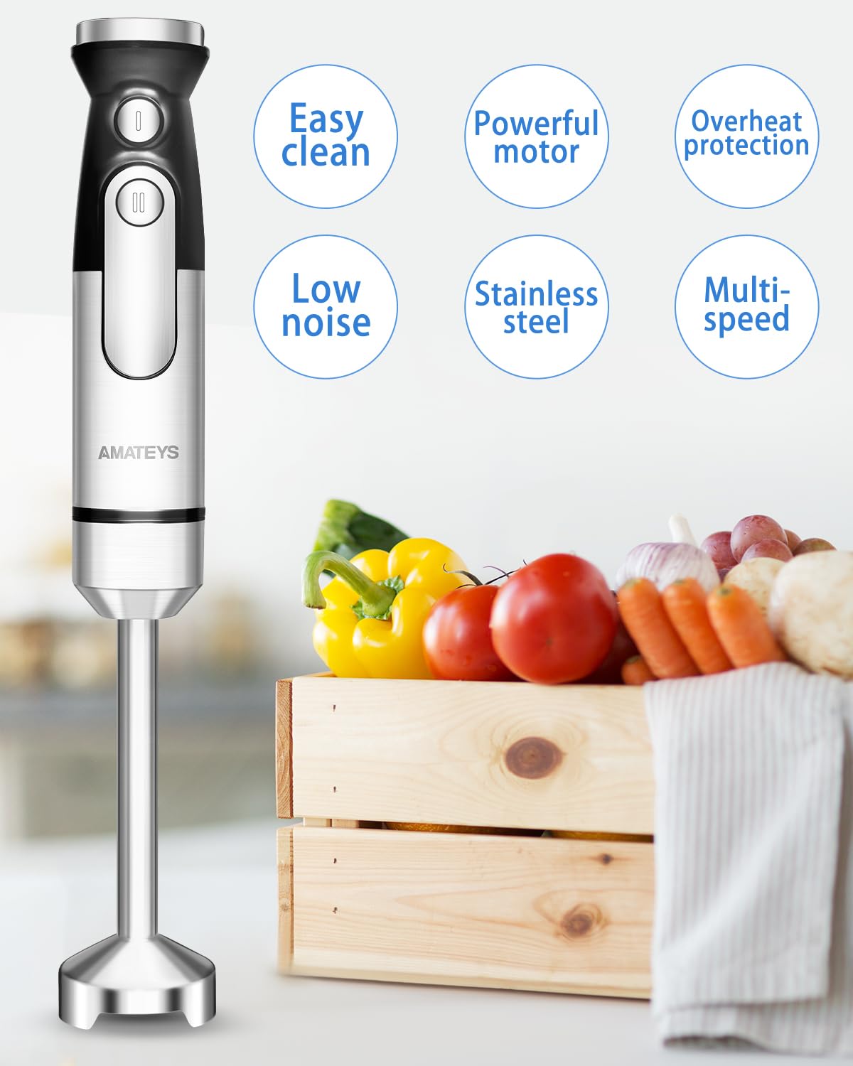 Amateys handheld stick blender with heavy copper motor, 700W power, and adjustable speed for smooth blending