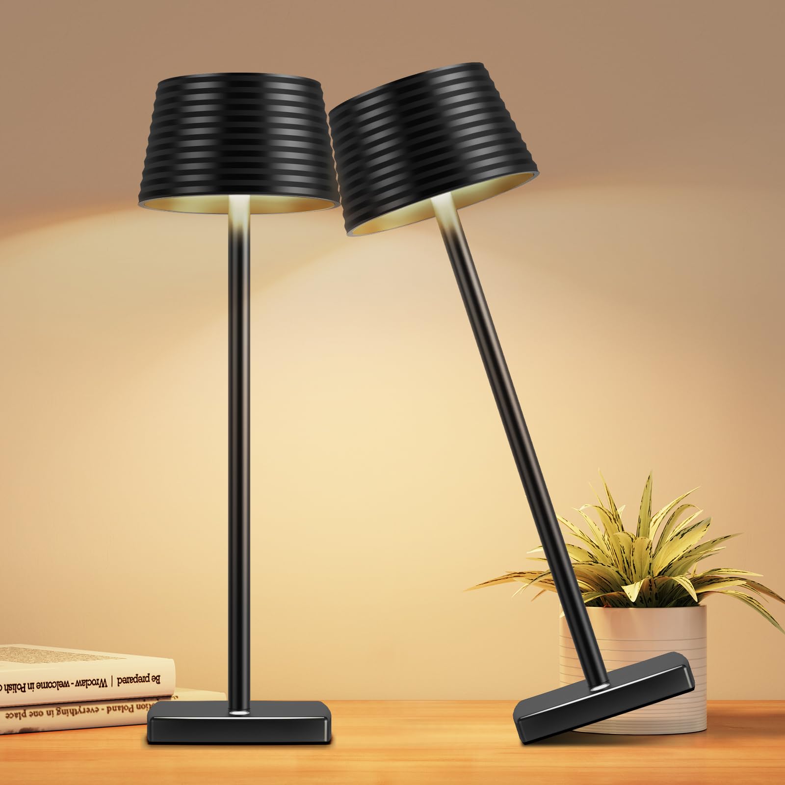 Yiben Led Rechargeable Cordless Table Lamp, Battery 6000Mah Usb Led Portable Powered Desk Lamp, 3 Levels Brightness Night Light For Restaurants Bars Outdoor (2Pack Black)