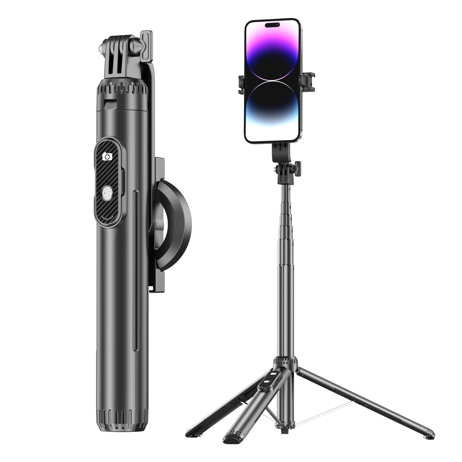 Unillqss 60 Inch Magnetic Selfie Stick Tripod, Adjustable Cell Phone Grip And Portable Stand With Metal Ring And Remote Control For Selfies And Gopro Video Recording Black