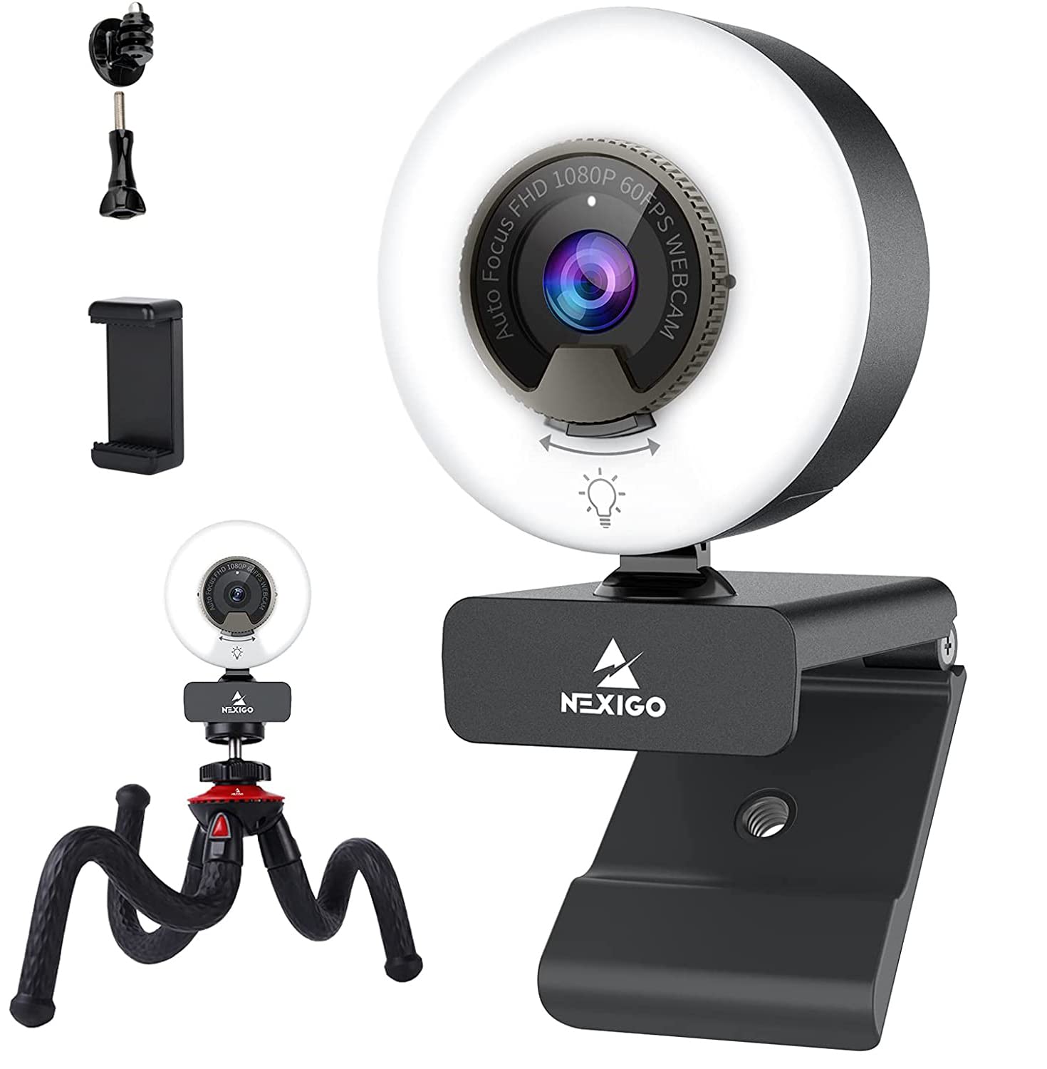 Nexigo 60Fps 1080P Autofocus Webcam With Mini Tripod Kits, N960E Usb Fhd Web Computer Camera, Extendable Tripod Stand, For Zoom/Skype/Teams Online Teaching, Laptop Mac Pc Desktop