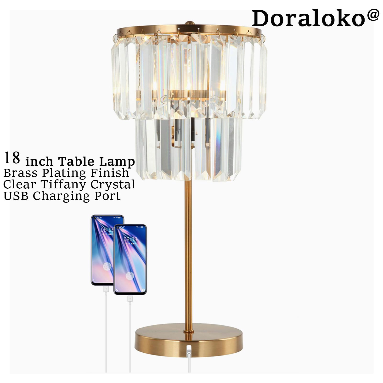 Doraloko Bedside Lamp For Bedroom, Gold Crystal Table Lamp 18 Inches, Tiffany Clear Crystal Drops, Usb Charging Port, E12 Socket, 6W Led Bulb Included, Golden Decorative Desk Light(1 Pack, Brass Finish)