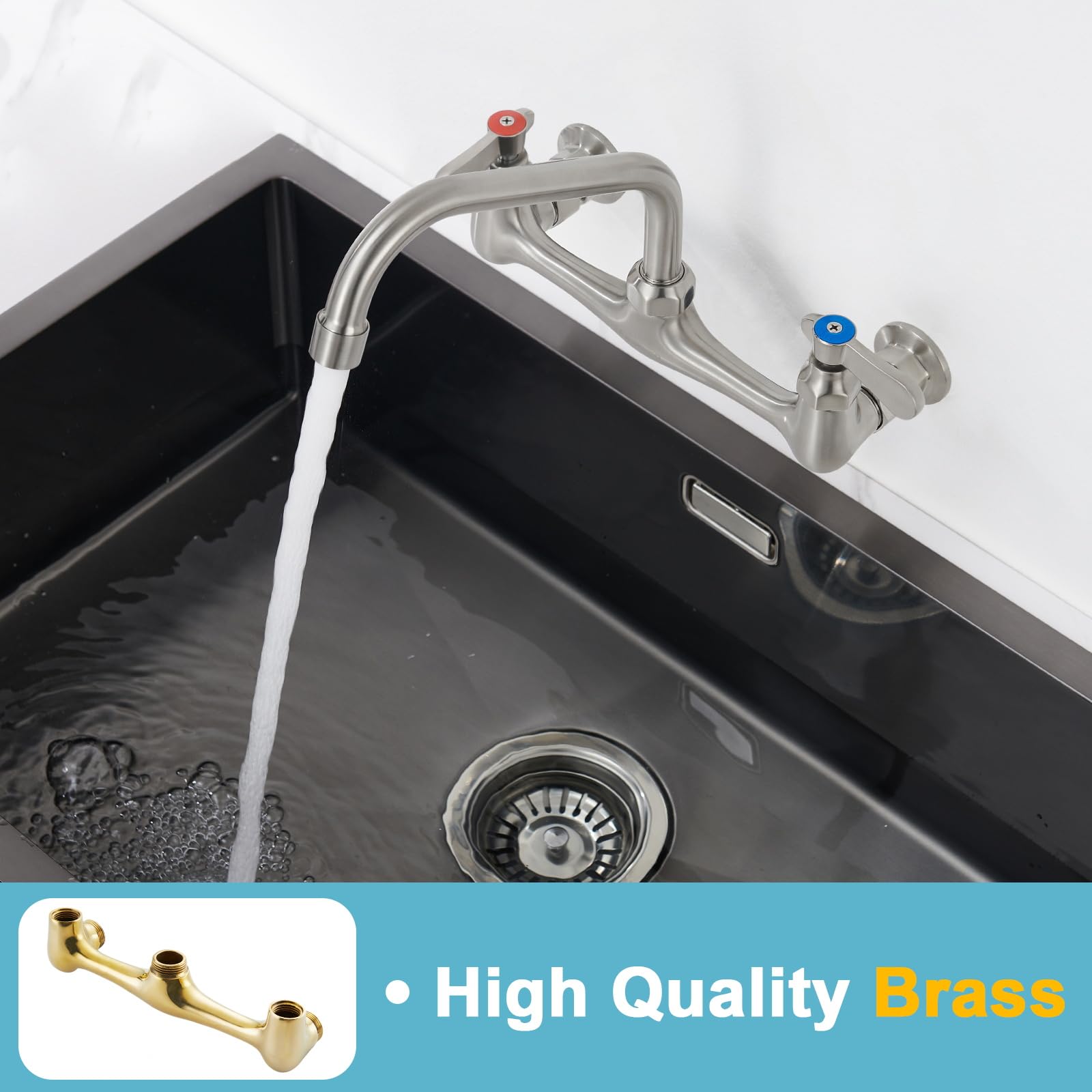 Favorpo Wall Mount Kitchen Sink Faucet 8 Inch Center Wall Mounted Commercial Faucet With 8 Inches Swivel Spout 2 Handle For Utility Laundry Room Restaurant Sink