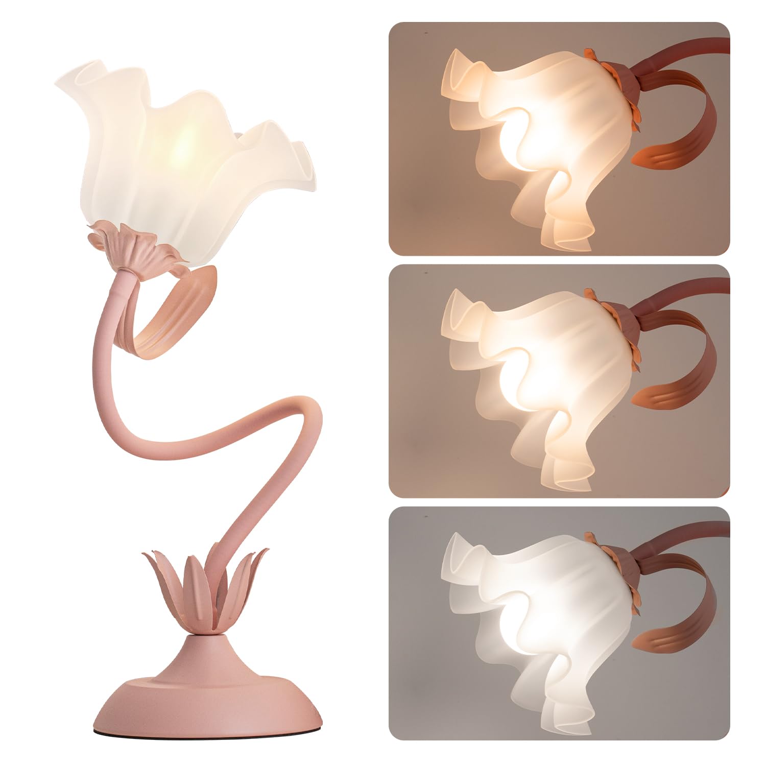 Werfop Vintage Flower Table Lamp, 3 Colors Modes Gooseneck Desk Lamp Cute Reading Lamp With E26 Bulb Pink Lamp For Girl Living Room Office Reading Home Decoration(Pink)