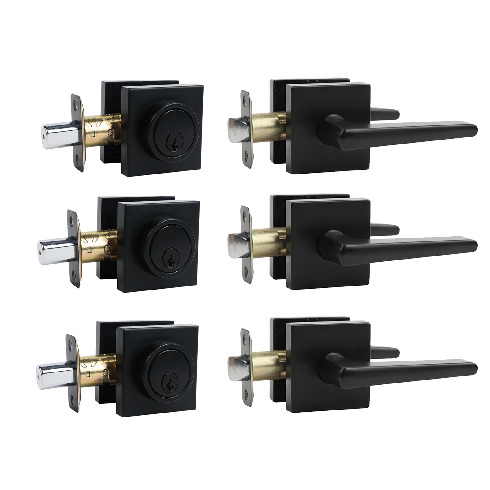 Zevaway Black Front Door Handle And Deadbolt Set,Door Handles Interior,Front Door Lock Set,Door Locks For Front Door,Dead Bolt And Door Handle Set, Square Heavy Duty Exterior Door Knob With Deadbolt,3Pack