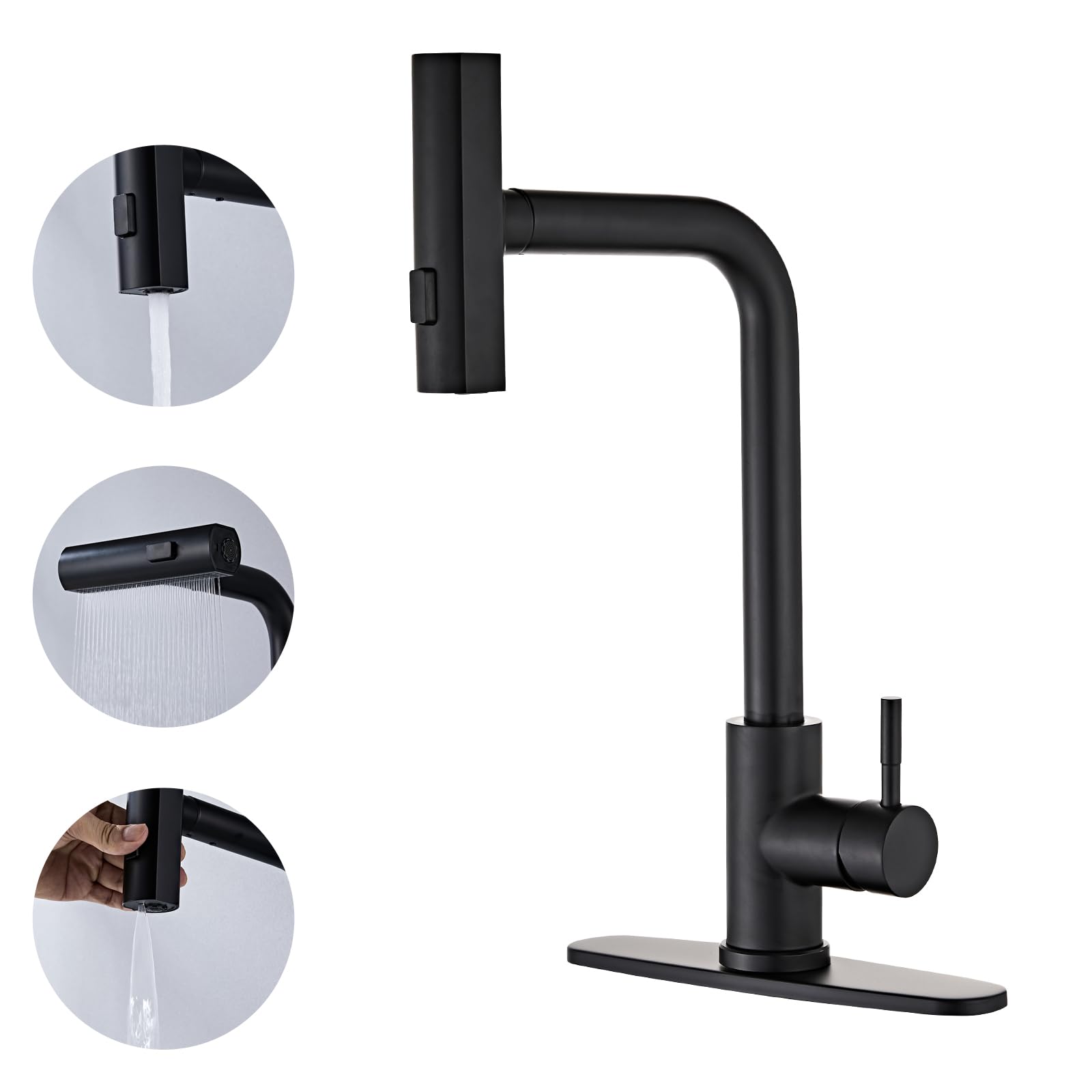 Louevido Multi-Mode Kitchen Faucet With Pull Down Sprayer, 3 Functions, Stainless Steel, Black