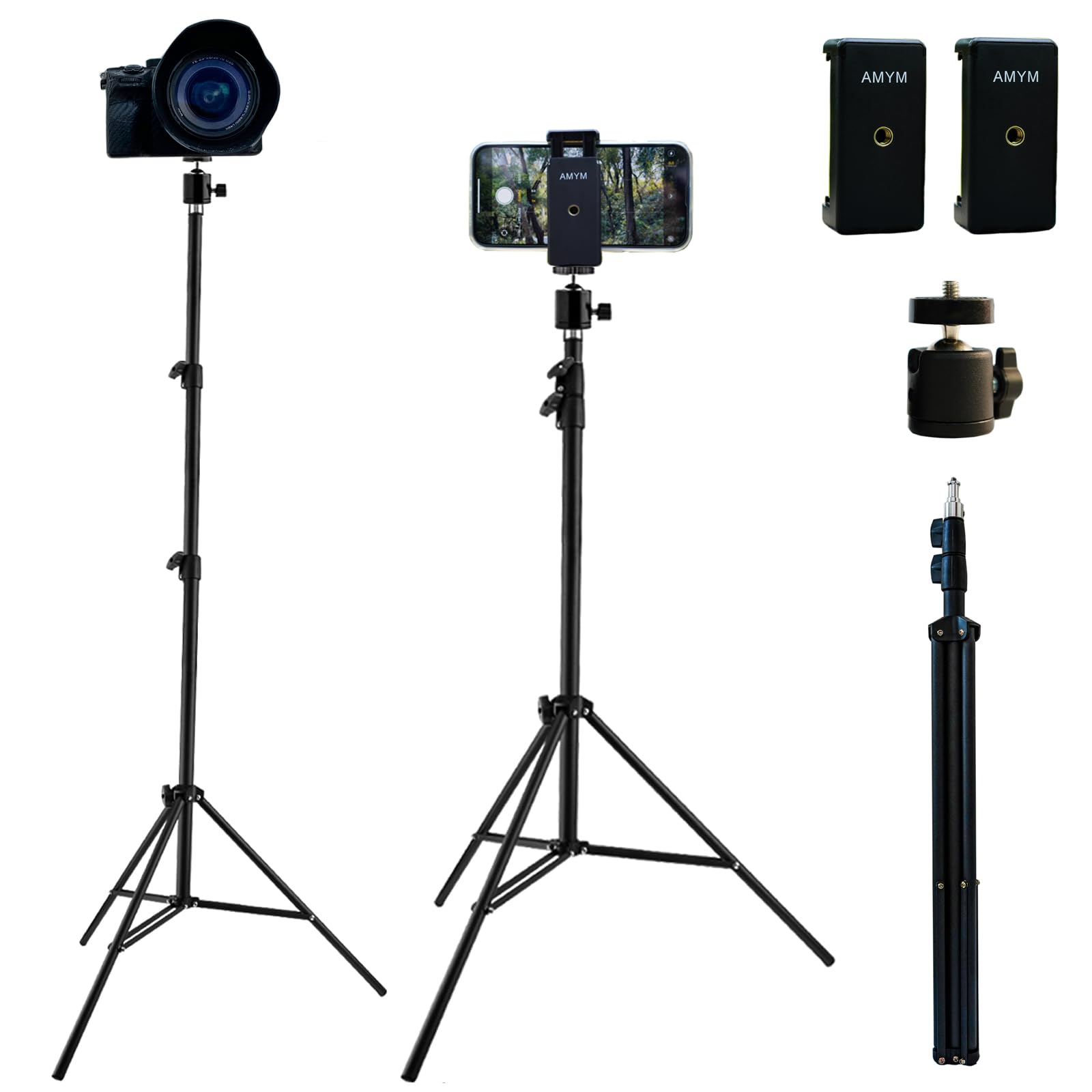 Amym 82.6 Inch Tall Tripod For Most Cell Phone, Lightweight Camera And Action Cameras, Ultra High Tripod With Dual Cell Phone Clips For Iphone 14 Pro Max, 13 Pro Max, Galaxy S23 Ultra, S23+ And More