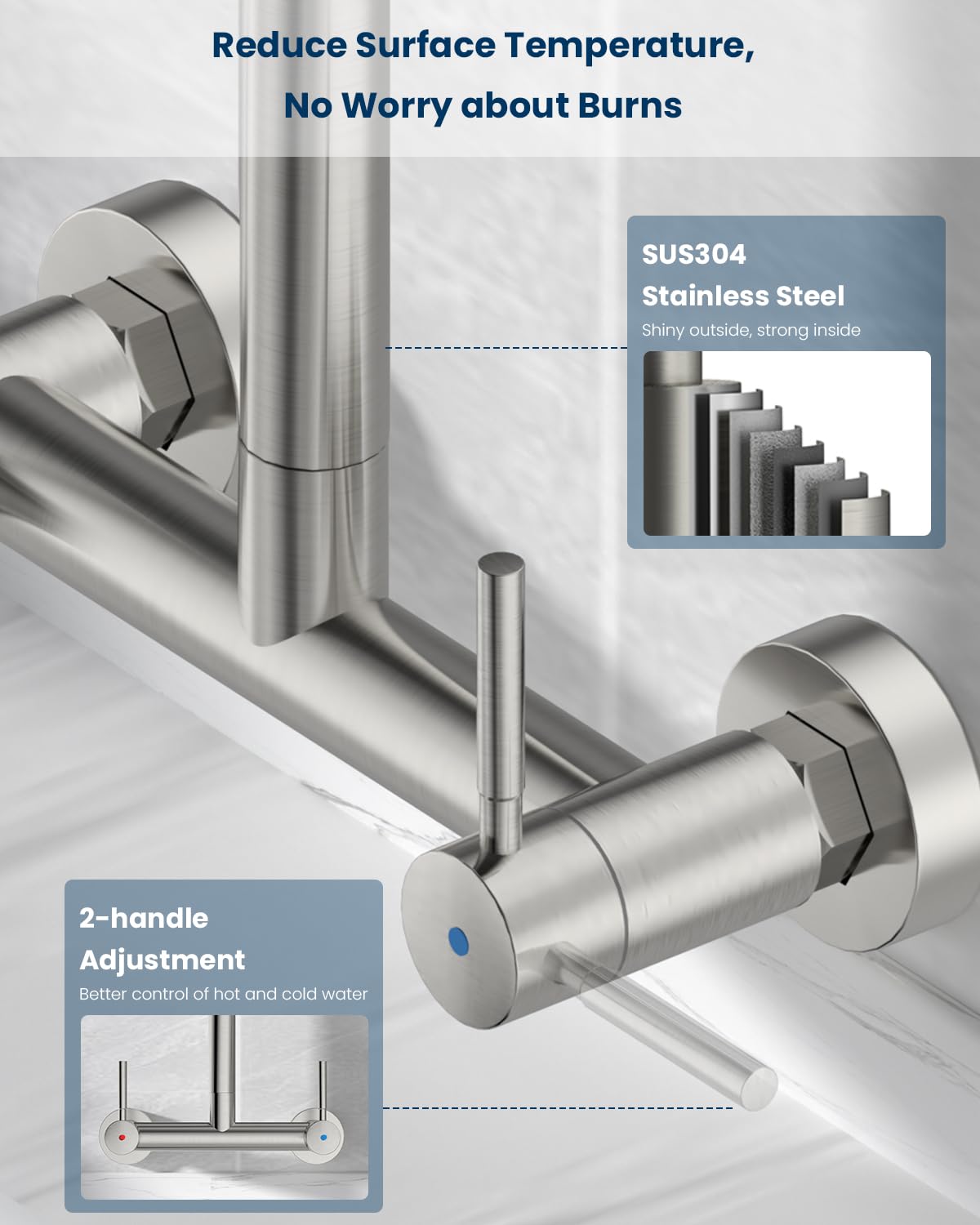 Ajo Bend Wall Mount Kitchen Faucet 2 Handles, 8 Inch Center Wall Commercial Utility Sink Faucet With Pull Out Sprayer 3 Modes, Stainless Steel, Brushed Nickel