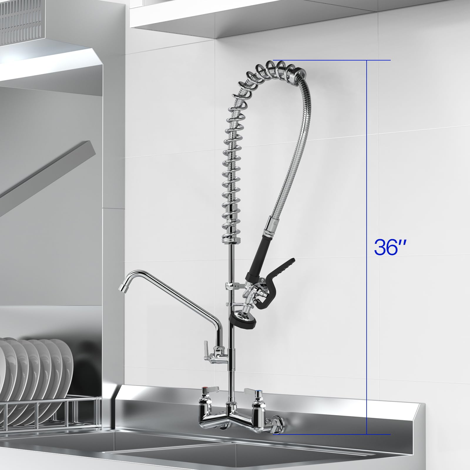 Gosifaca Commercial Kitchen Faucet 36” Height 12" Spout-Triangular Heavy Duty Body Wall Mount Faucet With Pre Rinse Sprayer Design For Commercial Kitchen Compartment Sink