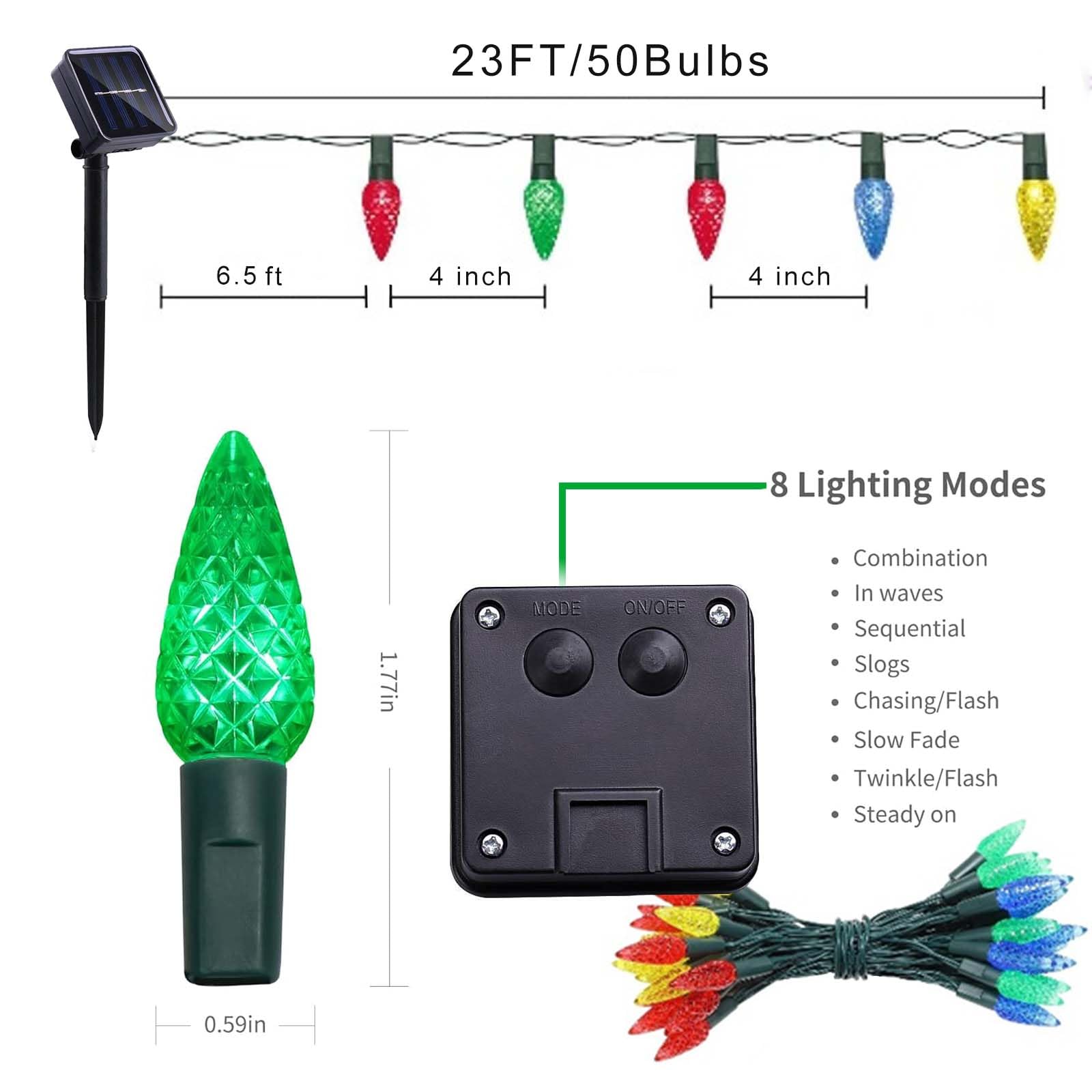 Iticdecor Solar C6 Strawberry String Lights Outdoor, 50Led Led Christmas Fairy Lights Decor, 8 Lighting Mode, Waterproof For Indoor Outdoor Patio Xmas Tree Party Decor(Multicolor)