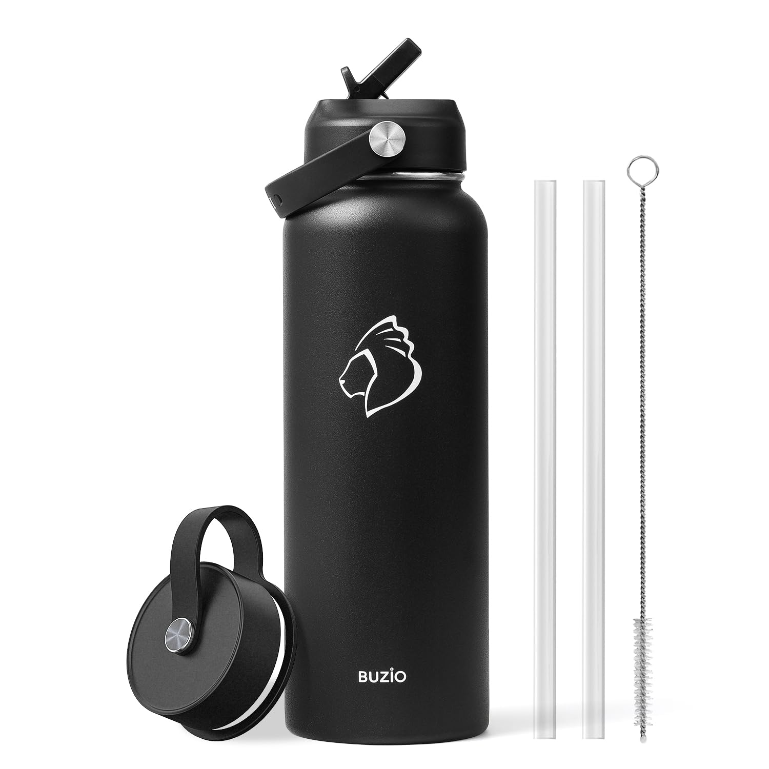 Buzio 40Oz Insulated Water Bottle, Triple Wall Vacuum Stainless Steel Water Flask With 2 Lids