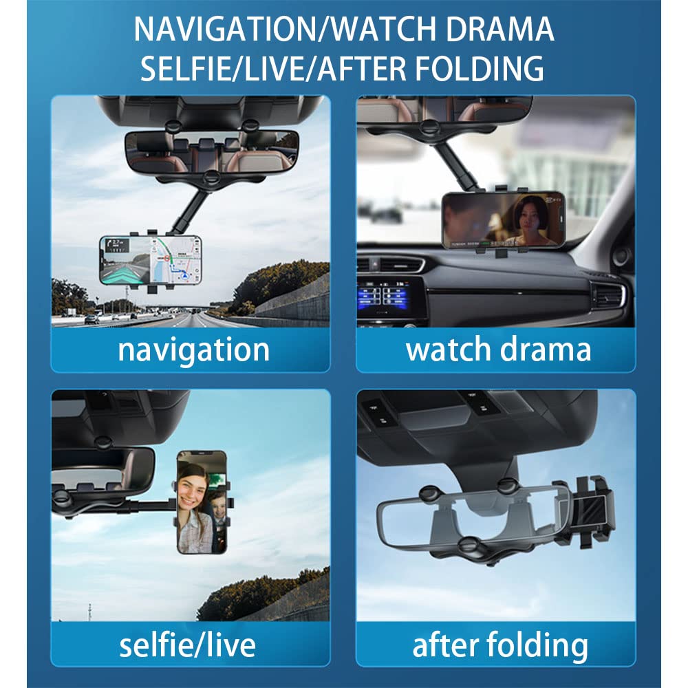 Turcee Car Mearview Mirror Bracket,360°Rotatable And Retractable Car Phone Holder,For Iphone And All Smartphones