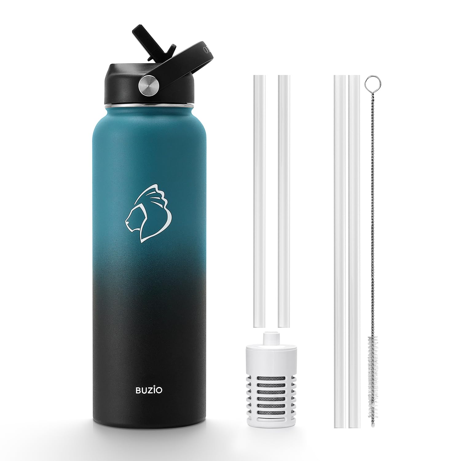 Buzio Insulated Filtered Water Bottle, Stainless Steel Travel Bottle With Carbon Filter And Straw