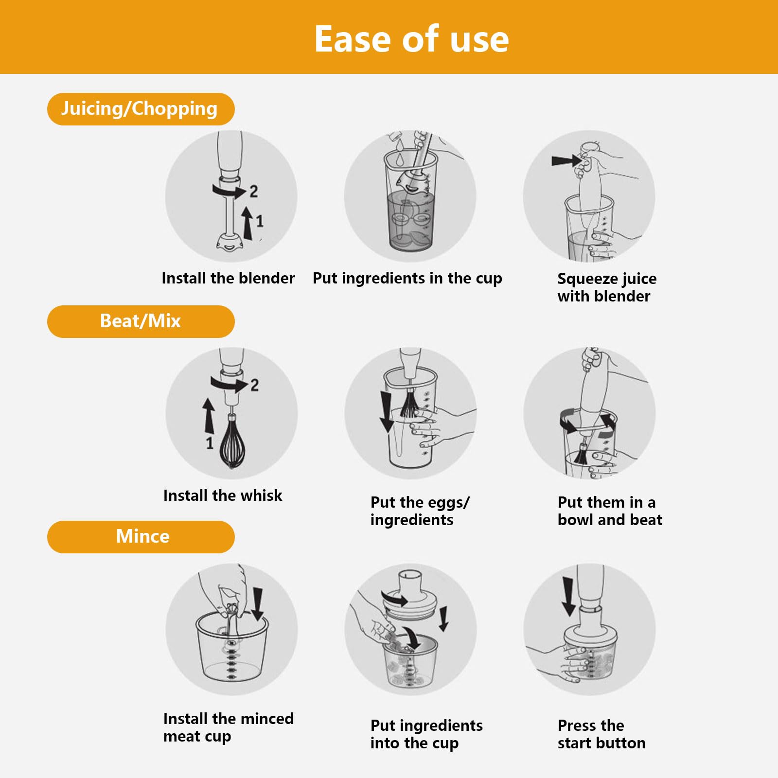 Aizyr Electric Immersion Hand Blender Portable Stick Mixer 5 Mixing Speed, Meat Grinder With Stainless Steel Blades Meat, Vegetable, Fruit, Baby Food