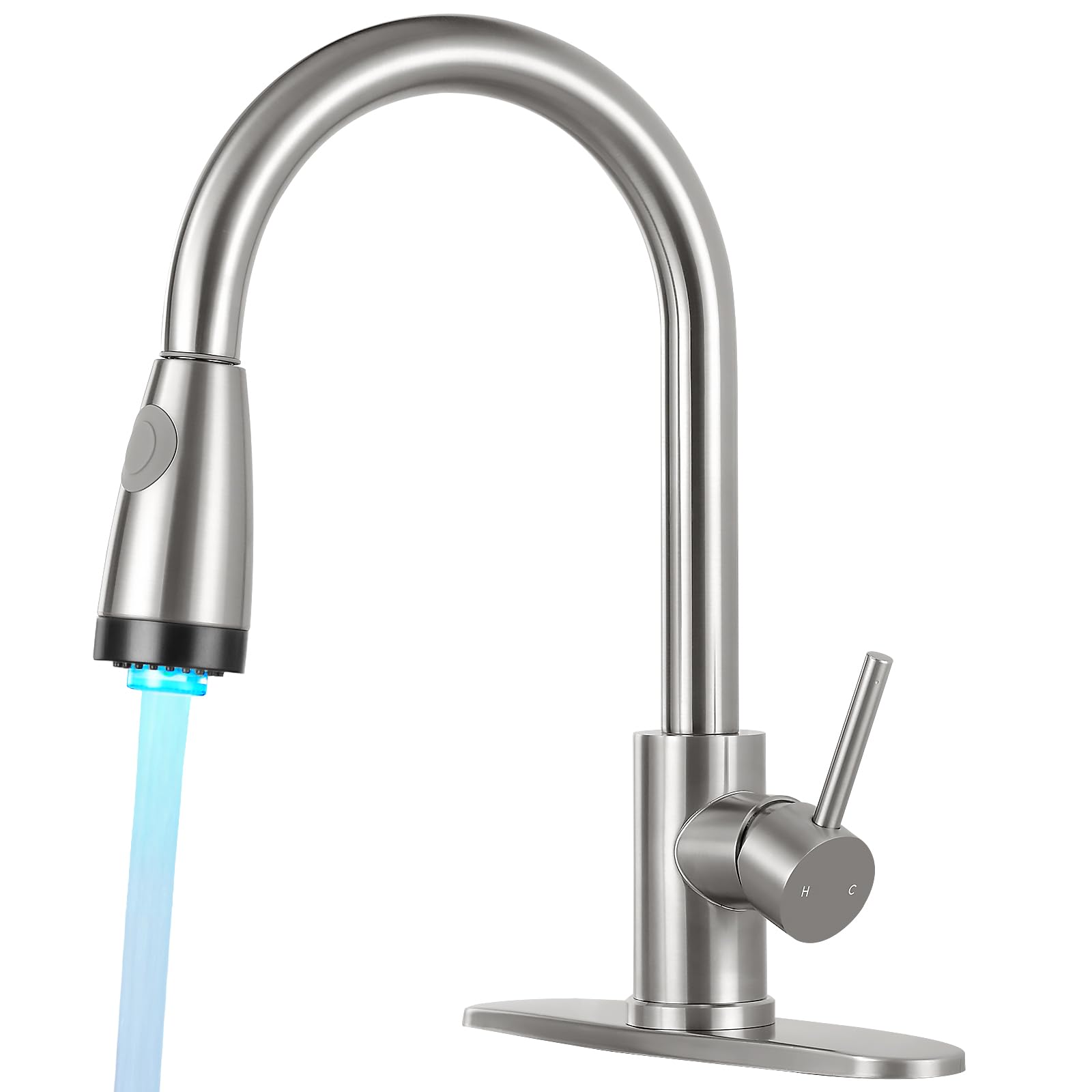 Aklfgn Led Light Kitchen Faucet With Pull Down Sprayer High Arc Single Handle Stainless Steel Sink Faucets, Suitable For 1 Or 3 Hole Brushed Nickel Kitchen Faucet
