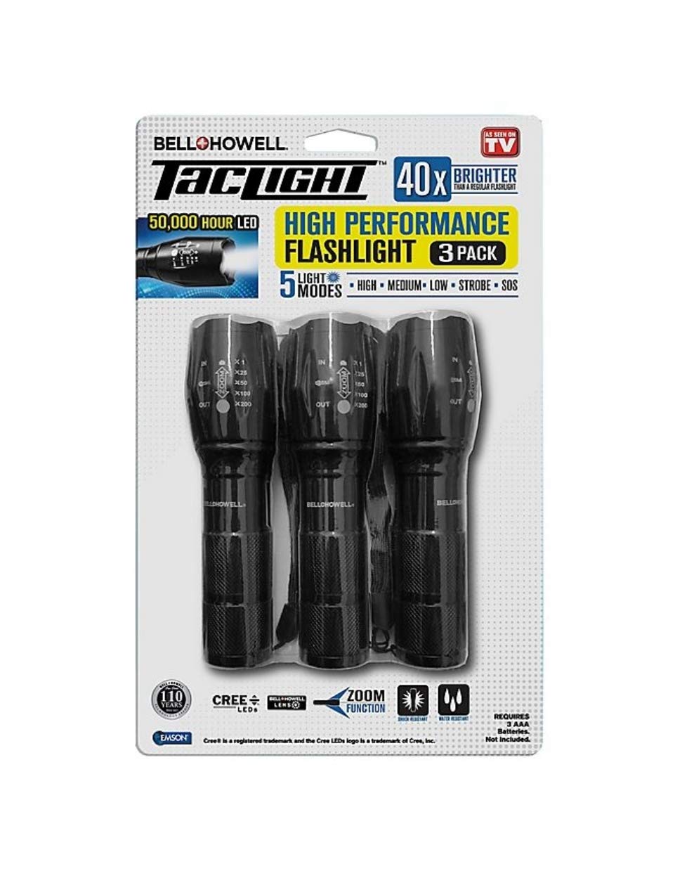 Wscxsc Bell & Howel 3 Pack High-Lumen Flashlight High Performance Flashlight In Black With 5 Modes And 200X Zoom