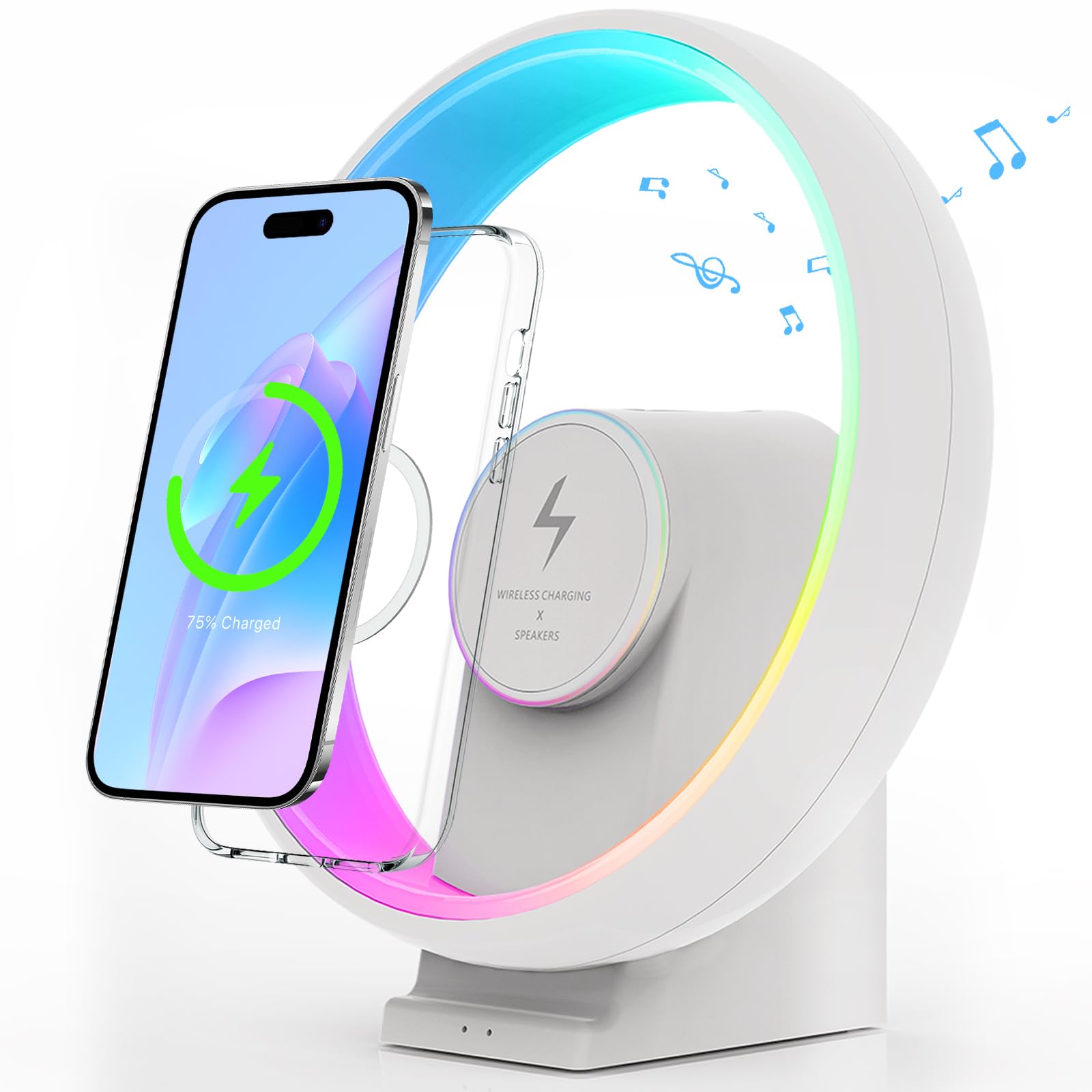 Pluwel 5-In-1 Ambient Bedside Table Lamp With Dimmable Rgb Night Lights, Portable Bluetooth Speaker, 15W Wireless Charging Station, Sturdy Phone Holder, Trendy For Teen Boy Girl