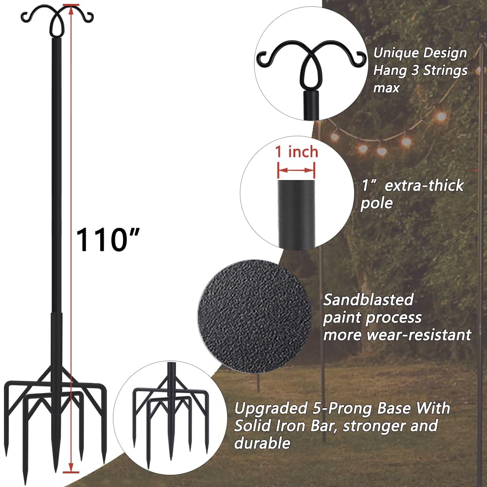 Rinlain Outdoor String Light Pole 2 Pack,110In Height Adjustable Metal Stand Pole With Hooks For Hanging String Lights,Garden,Backyard,Patio Lighting Stand For Parties,Wedding