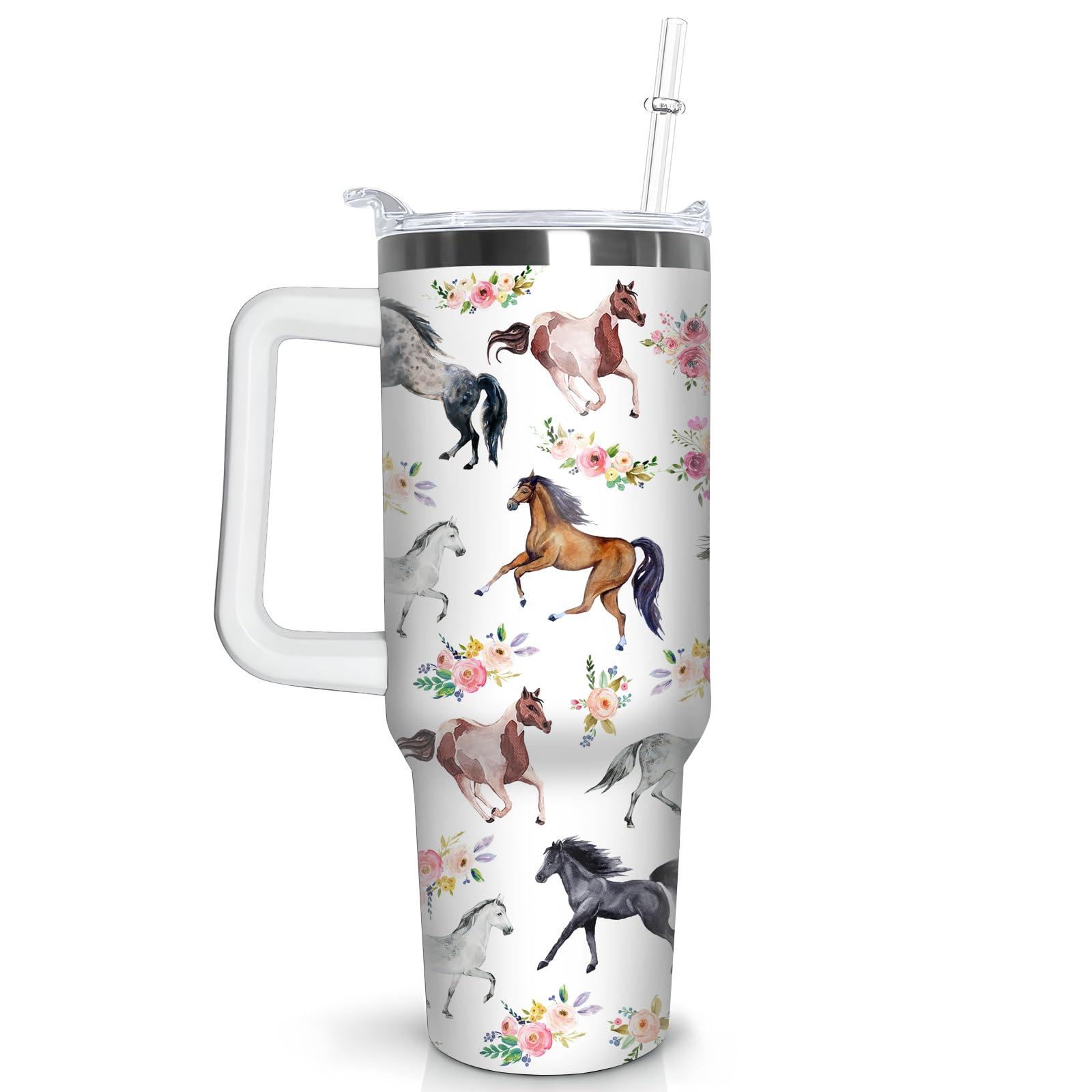 30 Oz Horse Tumbler With Handle And Straw, Floral Stainless Steel Vacuum Insulated Travel Coffee