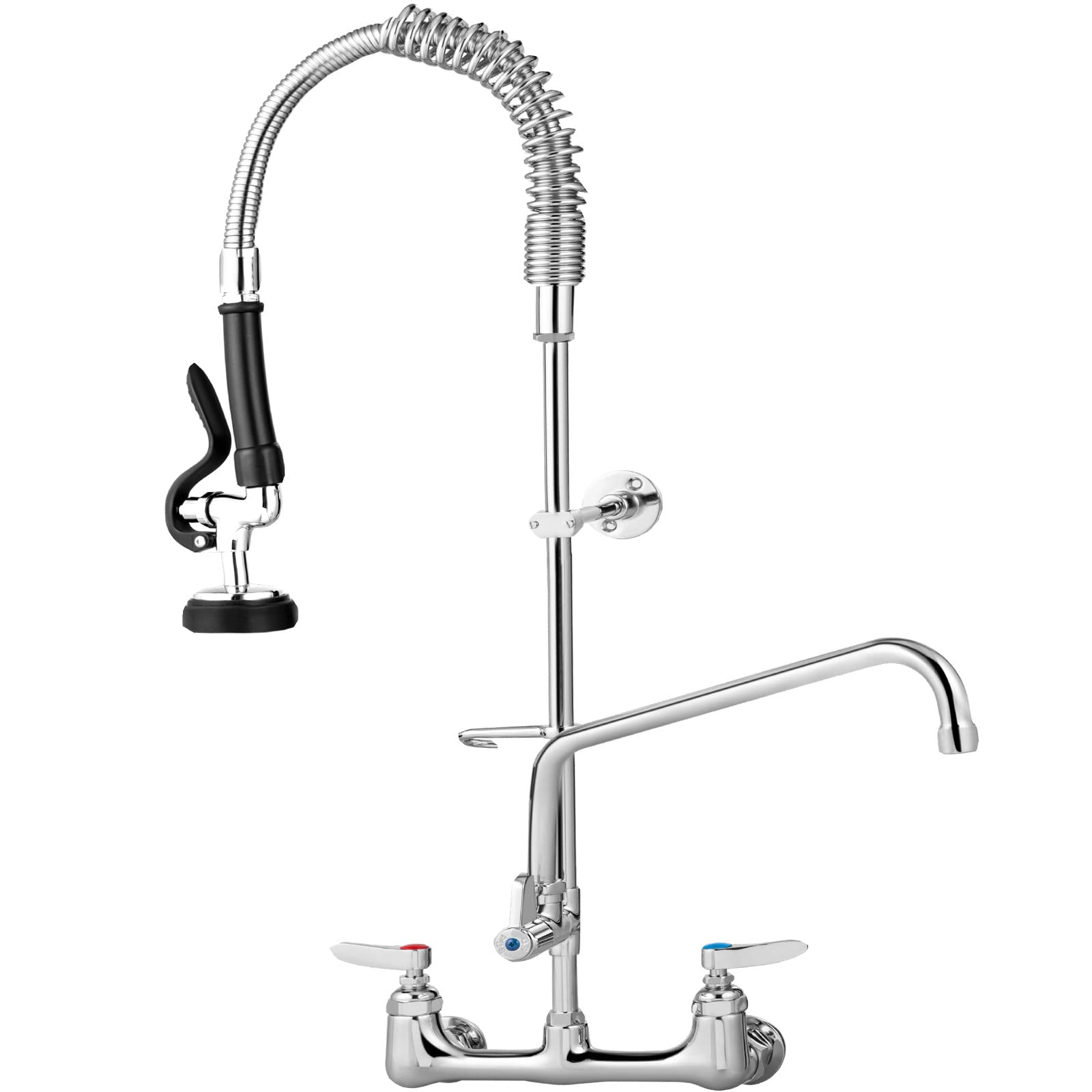 Vevor Commercial Faucet With Pre-Rinse Sprayer, 8" Adjustable Center Wall Mount Kitchen Faucet With 12" Swivel Spout, 25" Height Compartment Sink Faucet For Industrial Restaurant, Lead- Brass